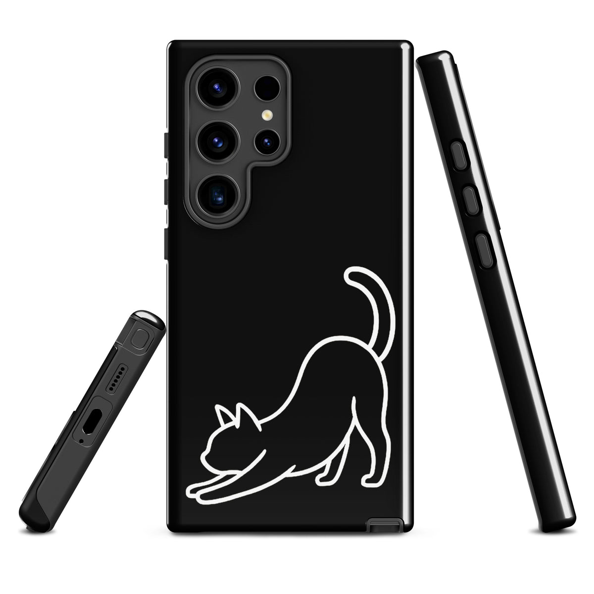 Black and white minimalist Phone Case for Samsung Galaxy featuring a stretching cat design, offering stylish protection for cat lovers.