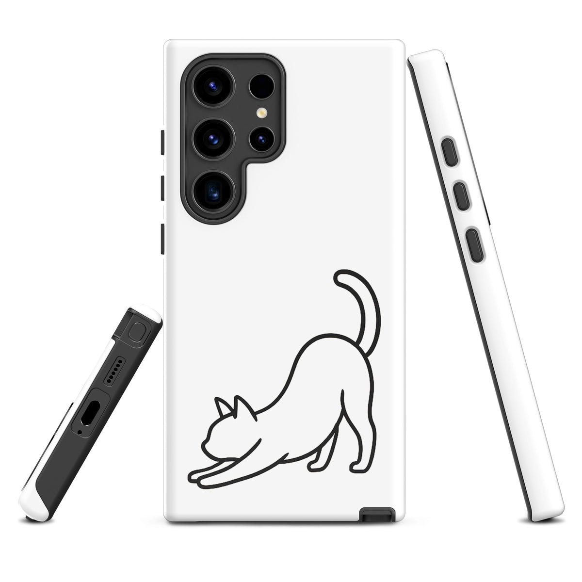 Phone Case for Samsung Galaxy with minimalist stretching cat design, white and black, offering aesthetic appeal and impact protection.