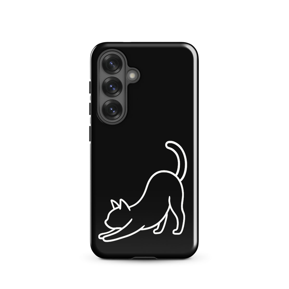 Phone Case for Samsung Galaxy with minimalist stretching cat design in black and white, combining aesthetics with impact protection.