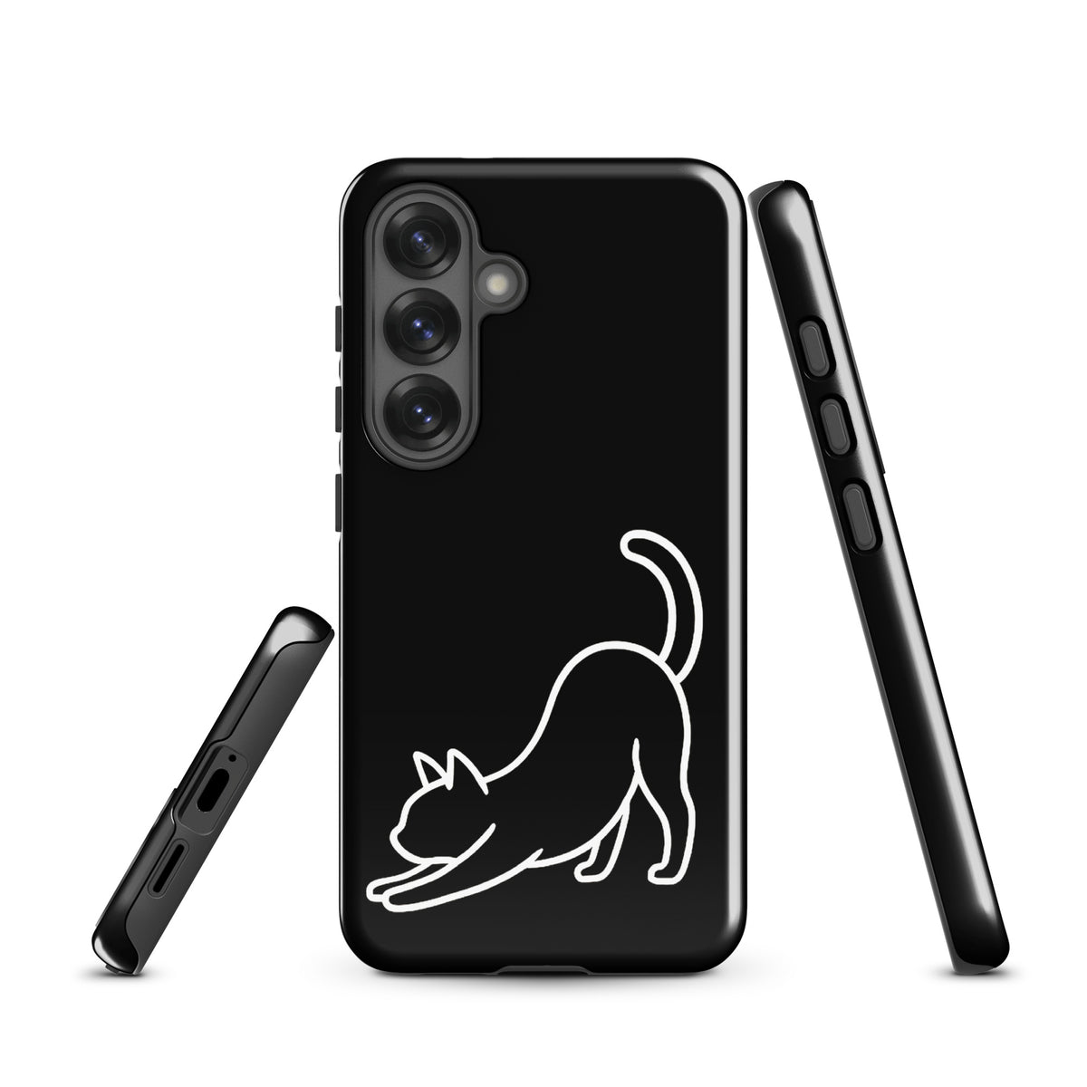 Phone Case for Samsung Galaxy with minimalist stretching cat design in black and white, offering stylish impact protection.