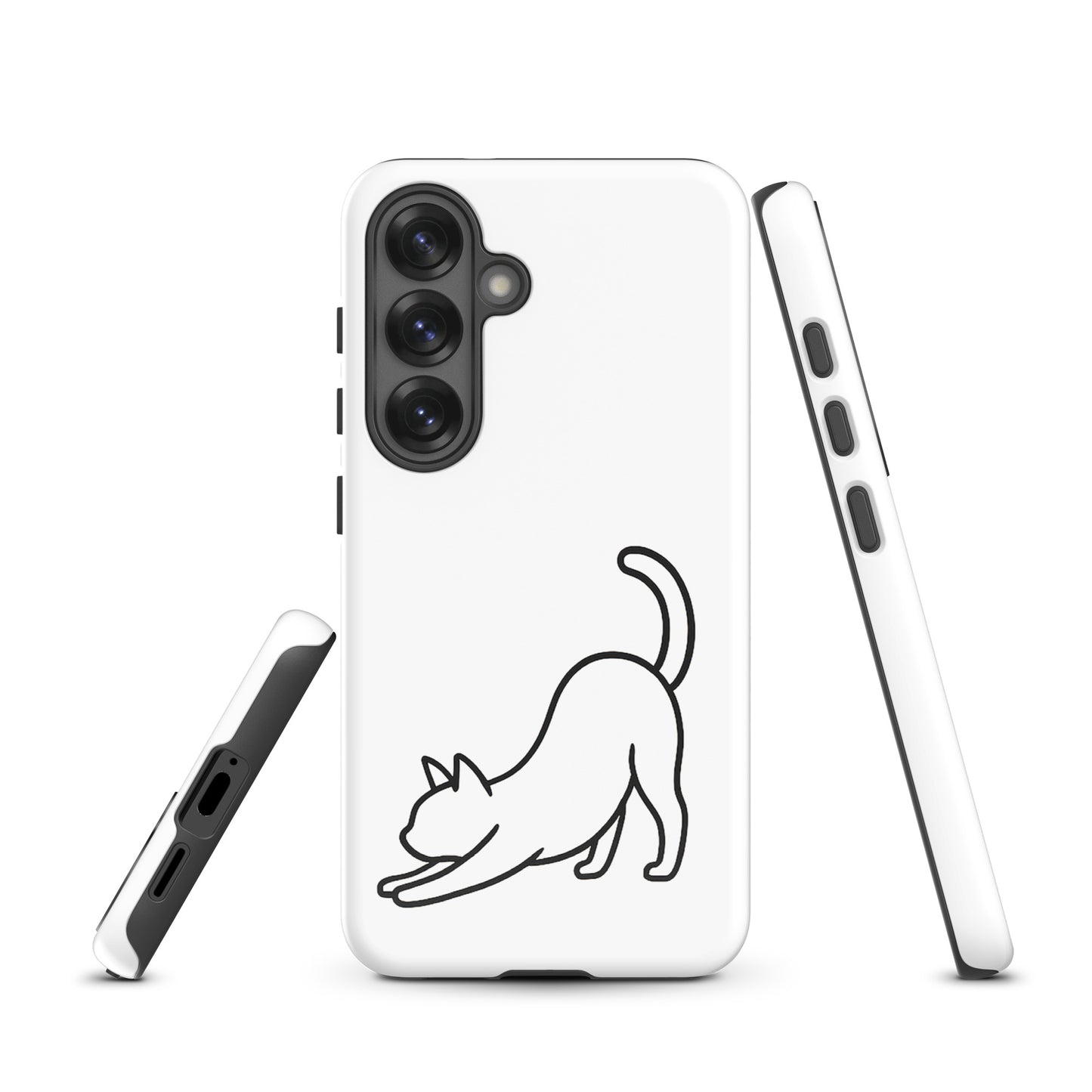 Phone Case for Samsung Galaxy with minimalist stretching cat design in white and black, offering stylish protection for cat lovers.