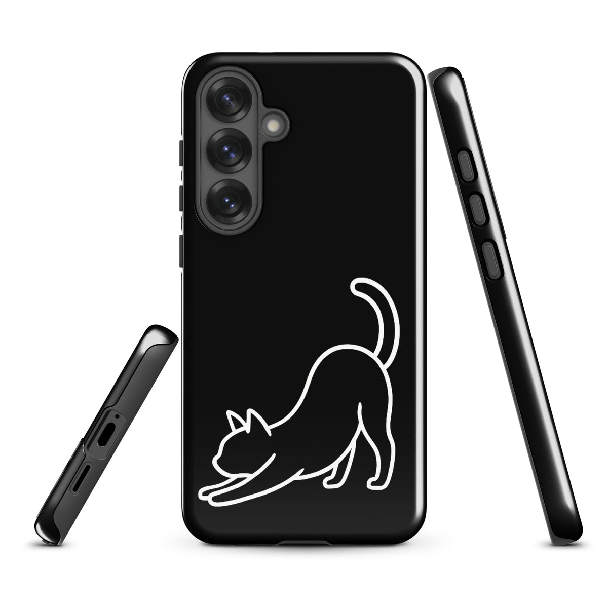 Phone Case for Samsung Galaxy with minimalist stretching cat design in black and white, offering aesthetic appeal and strong protection.