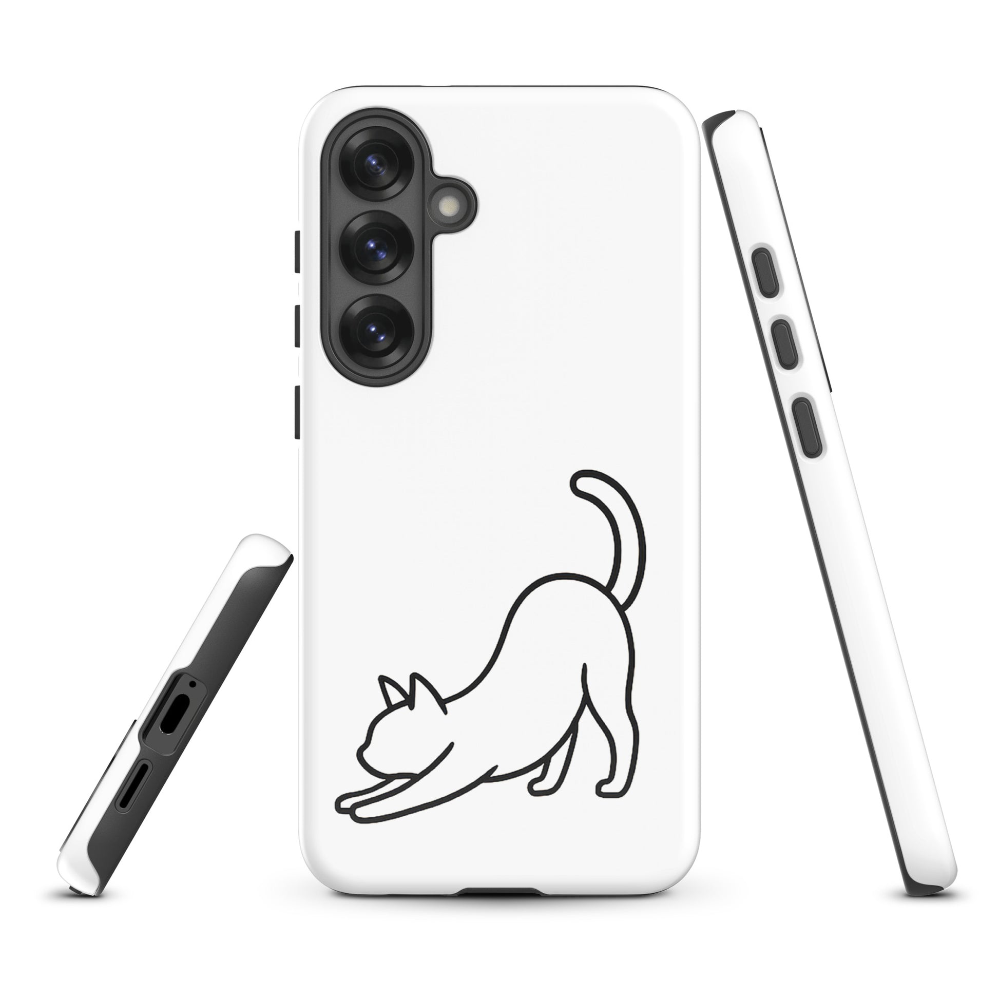 Phone Case for Samsung Galaxy with minimalist stretching cat design in white and black. Impact protection for cat lovers.