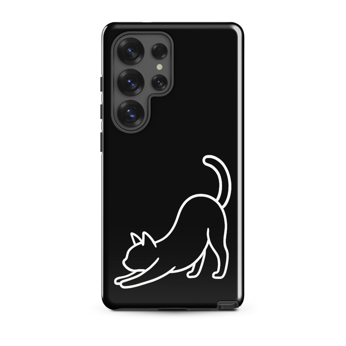 Phone Case for Samsung Galaxy with minimalist stretching cat design in black and white. Offers sleek aesthetic and strong protection.