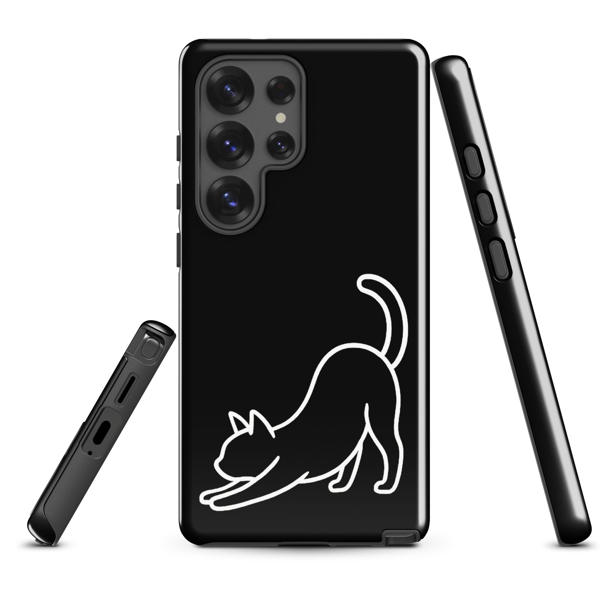 Phone Case for Samsung Galaxy with minimalist stretching cat design in black and white, offering sleek protection for cat lovers.
