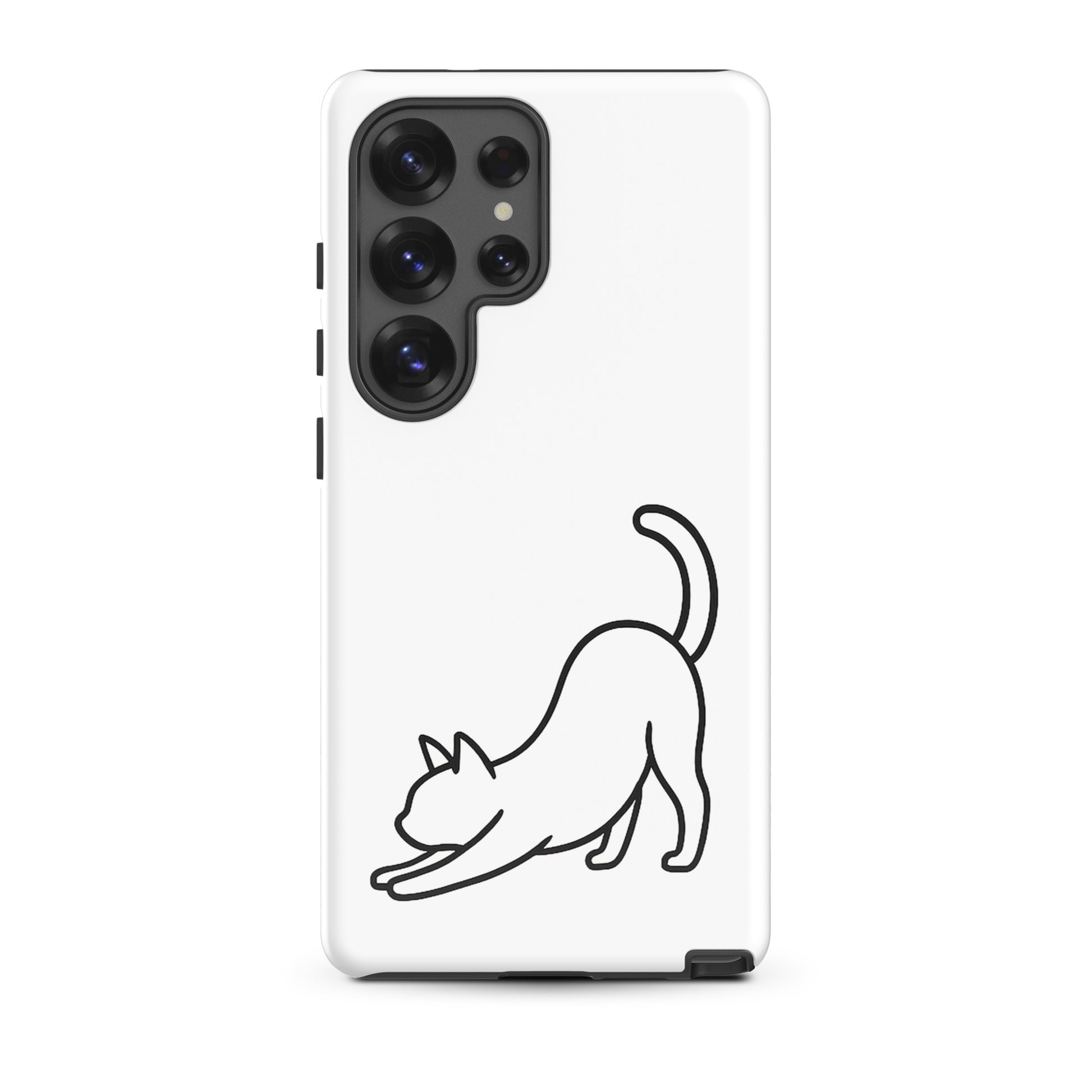 Phone Case for Samsung Galaxy with minimalist stretching cat design in white and black, combining style and protection for cat lovers.