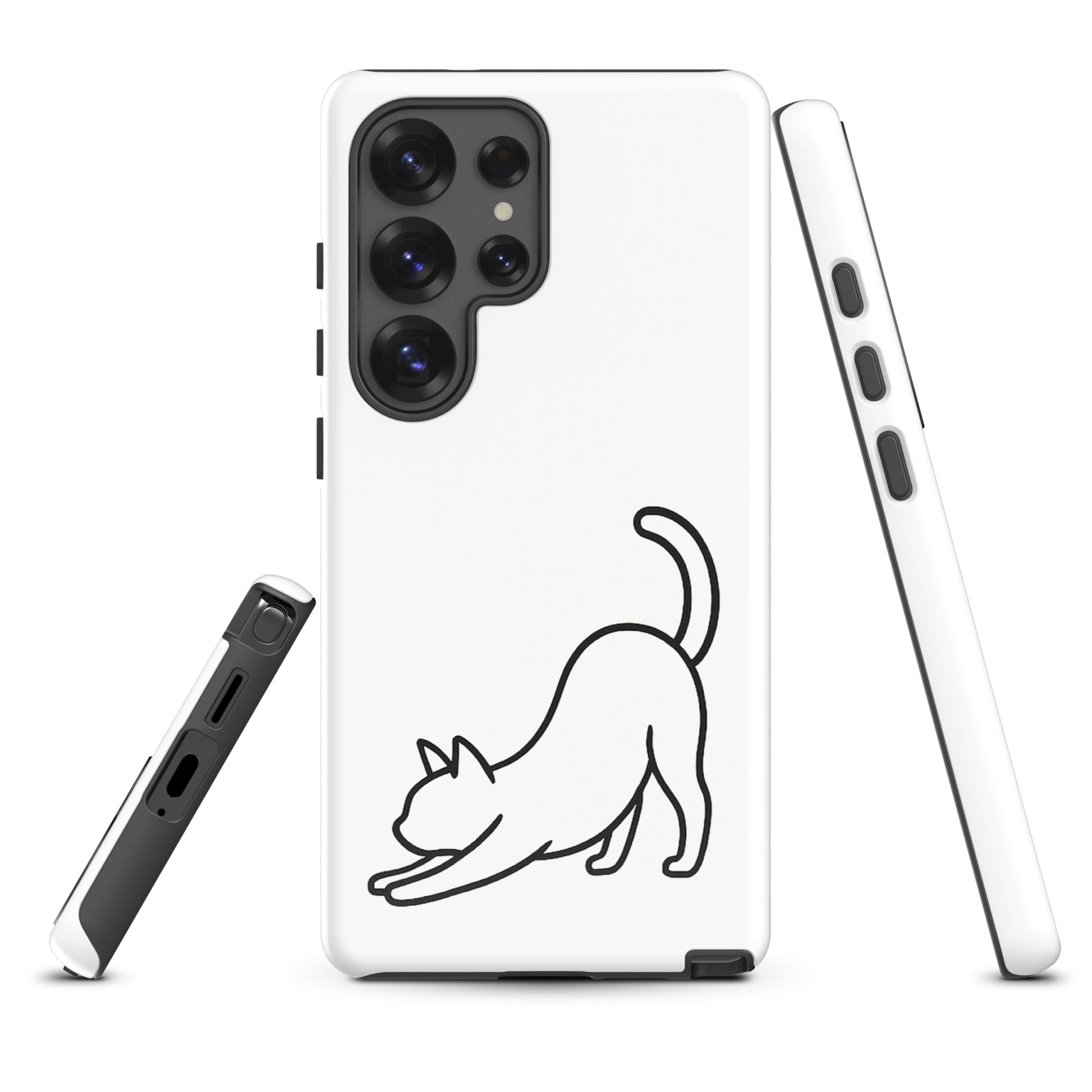 Phone Case for Samsung Galaxy with minimalist stretching cat design in white and black, offering impact protection and feline aesthetics.