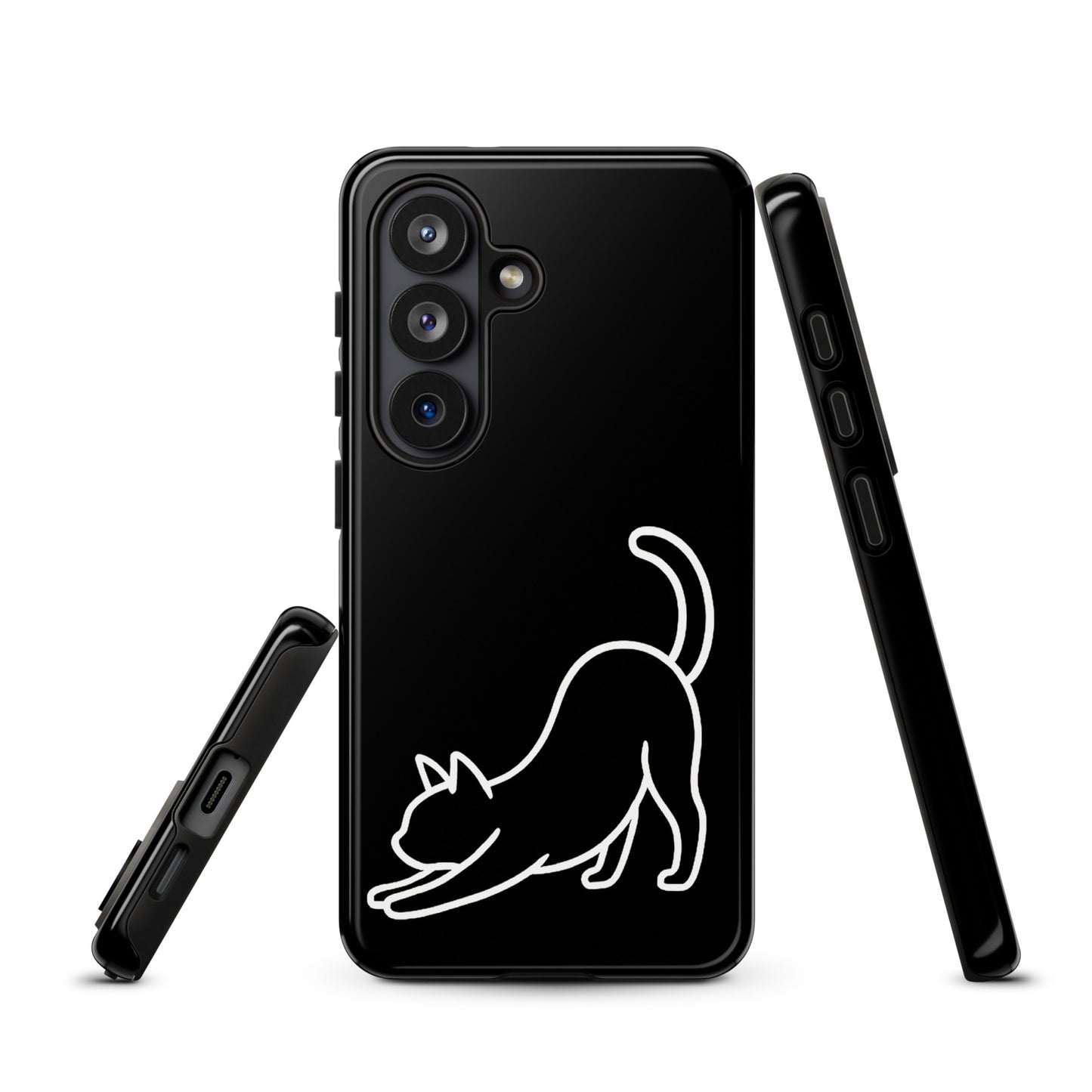 Phone Case for Samsung Galaxy with minimalist stretching cat design in black and white, providing stylish protection for cat lovers.
