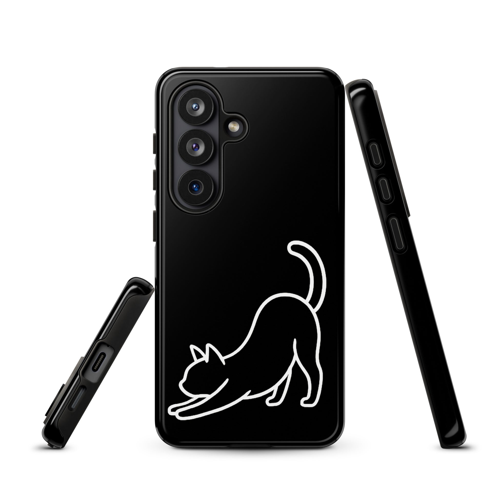 Phone Case for Samsung Galaxy with minimalist stretching cat design in black and white, providing stylish protection for cat lovers.