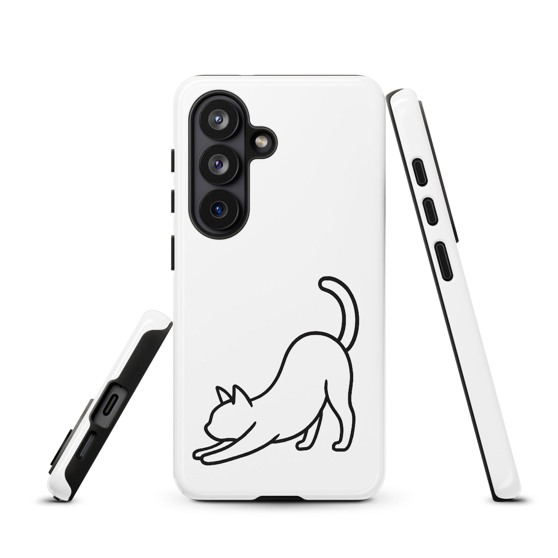 Phone Case for Samsung Galaxy with minimalist stretching cat design in white and black, offering stylish protection.