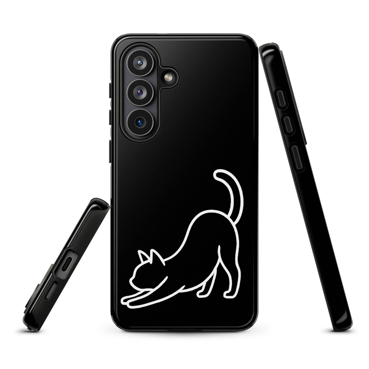 Phone Case for Samsung Galaxy with minimalist stretching cat design in black and white, offering impact protection for cat lovers