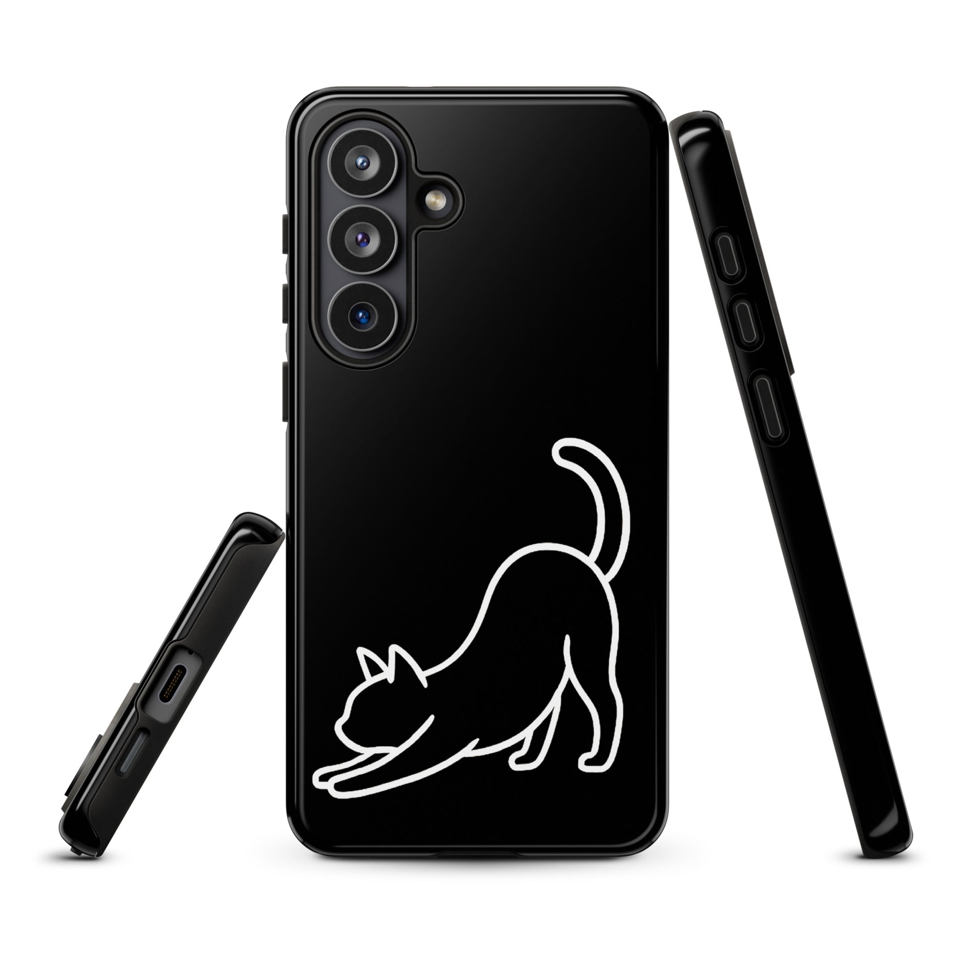 Phone Case for Samsung Galaxy with minimalist stretching cat design in black and white, offering impact protection for cat lovers