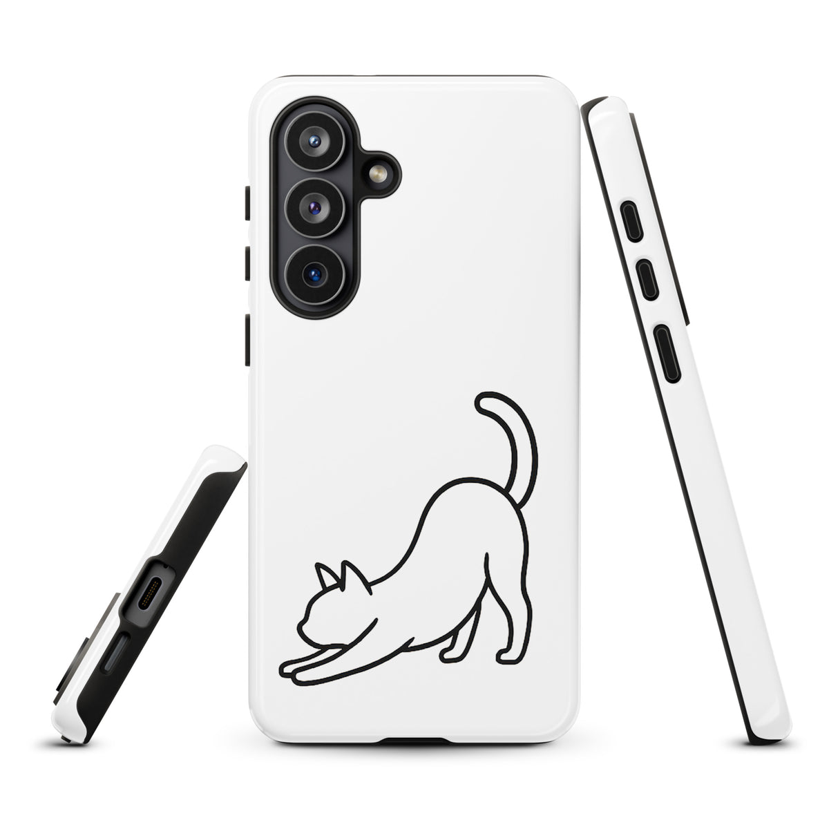 Phone Case for Samsung Galaxy with minimalist stretching cat design in black on white background for cat lovers.