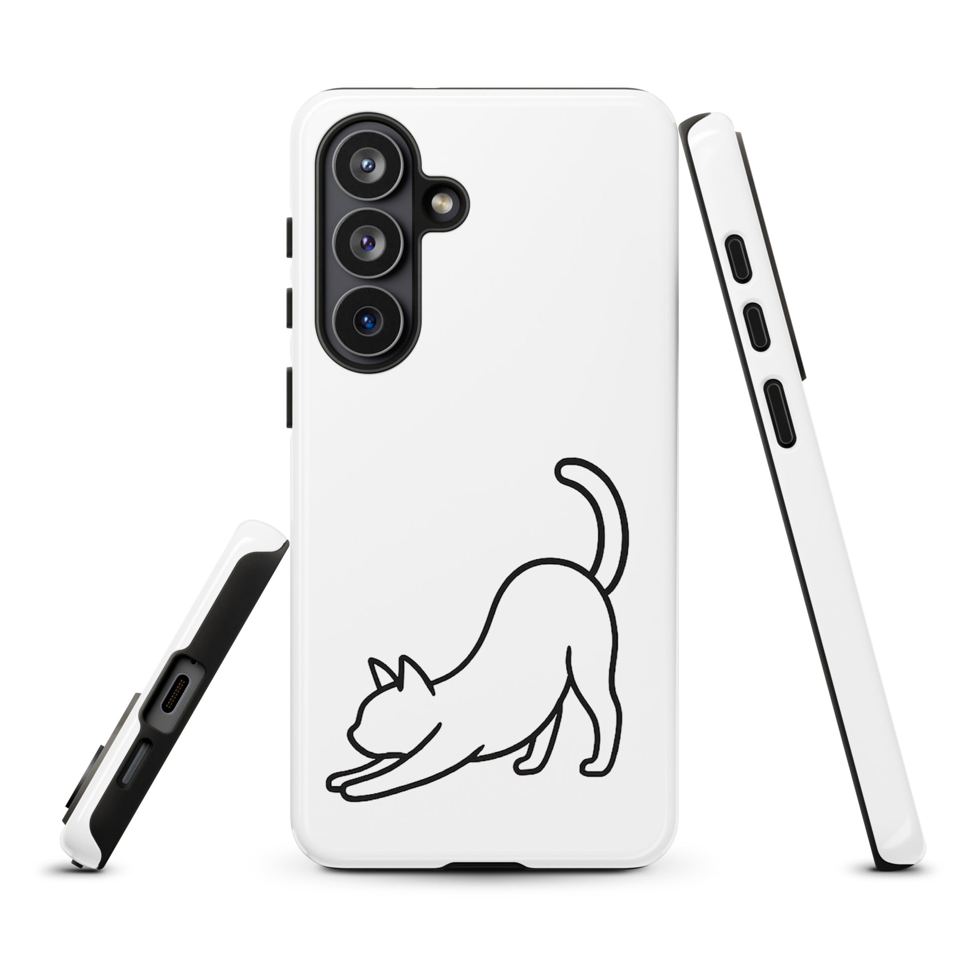 Phone Case for Samsung Galaxy with minimalist stretching cat design in black on white background for cat lovers.