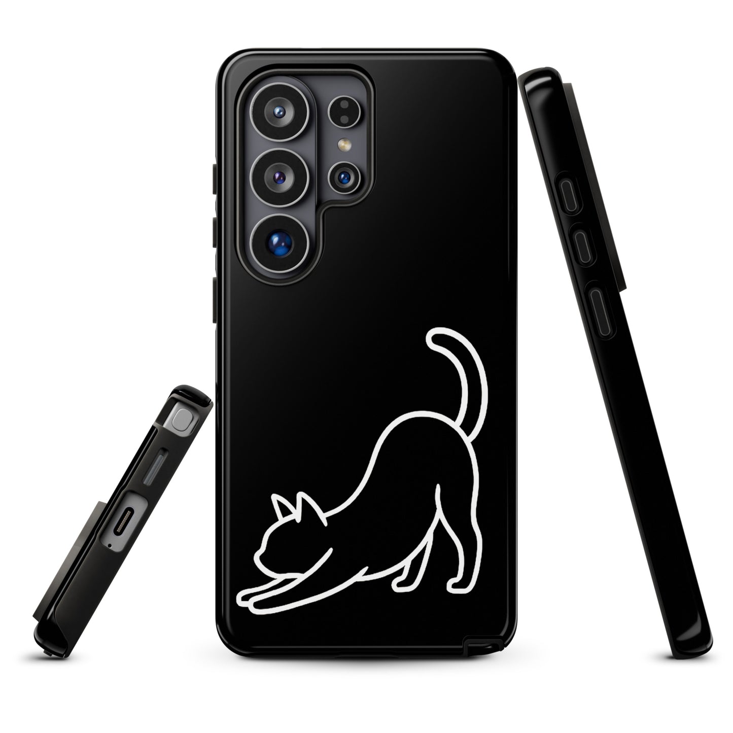 Phone Case for Samsung Galaxy with minimalist stretching cat design in black and white, offering style and impact protection.