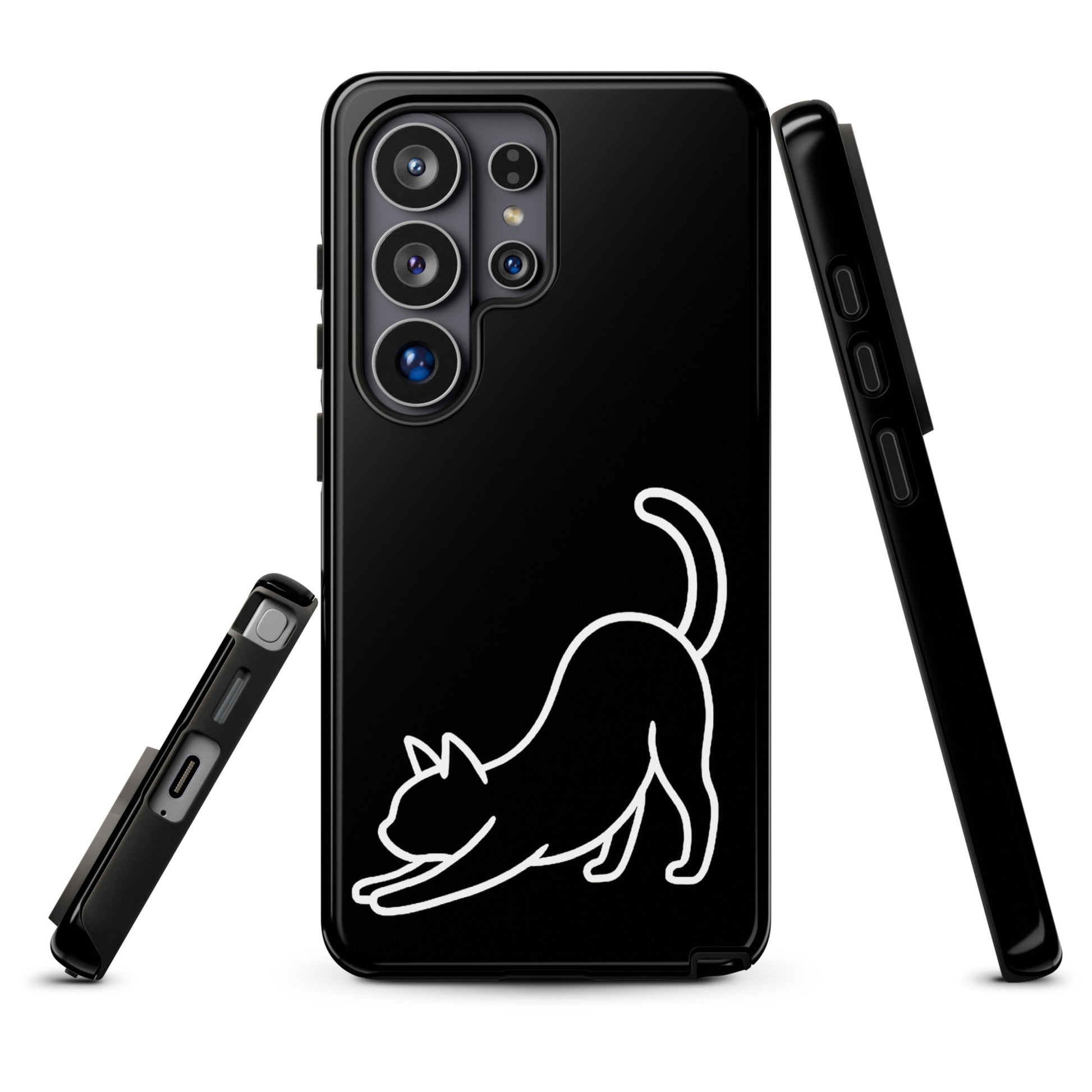 Phone Case for Samsung Galaxy with minimalist stretching cat design in black and white, offering style and impact protection.