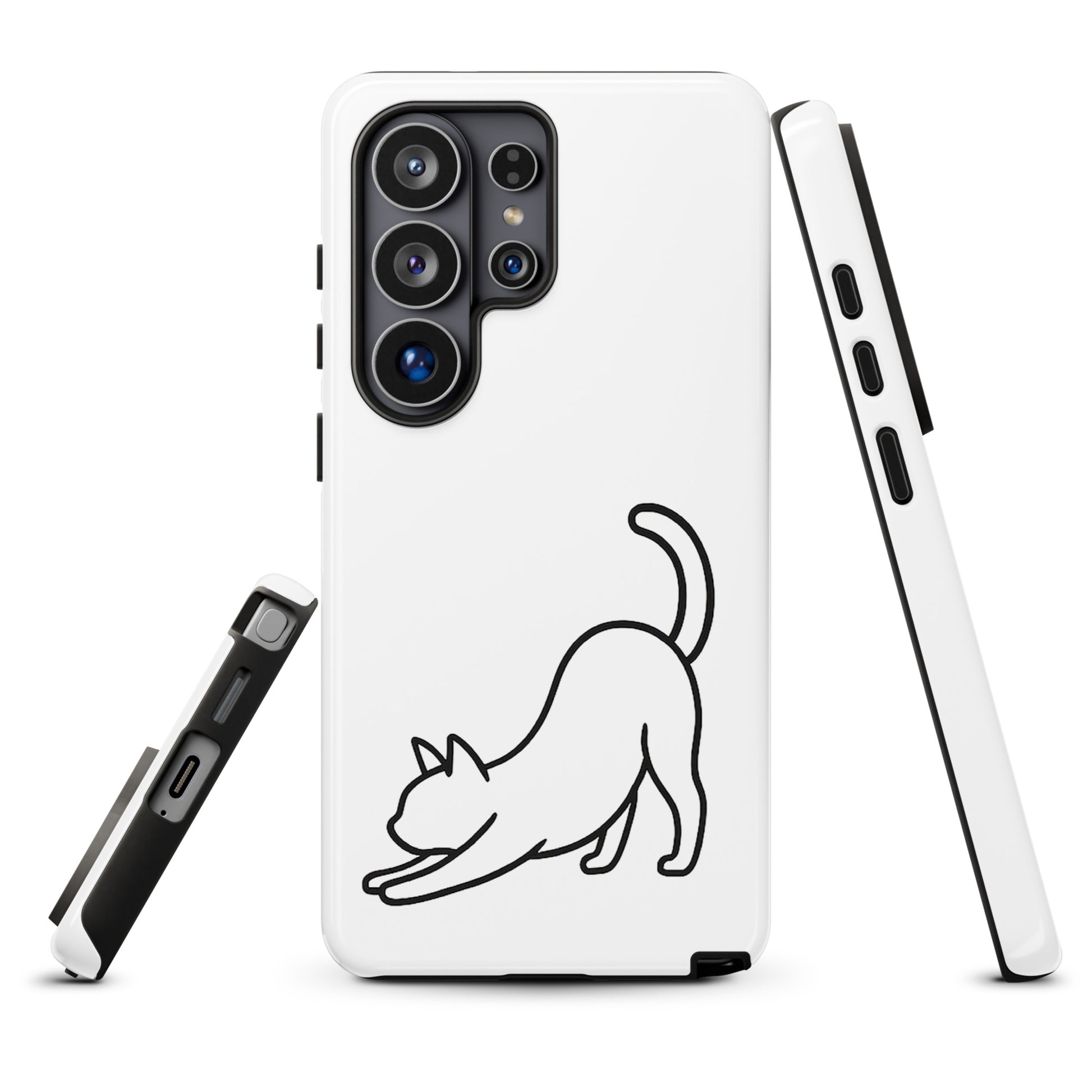 Phone Case for Samsung Galaxy with minimalist stretching cat design in white and black, offering aesthetic and impact protection.