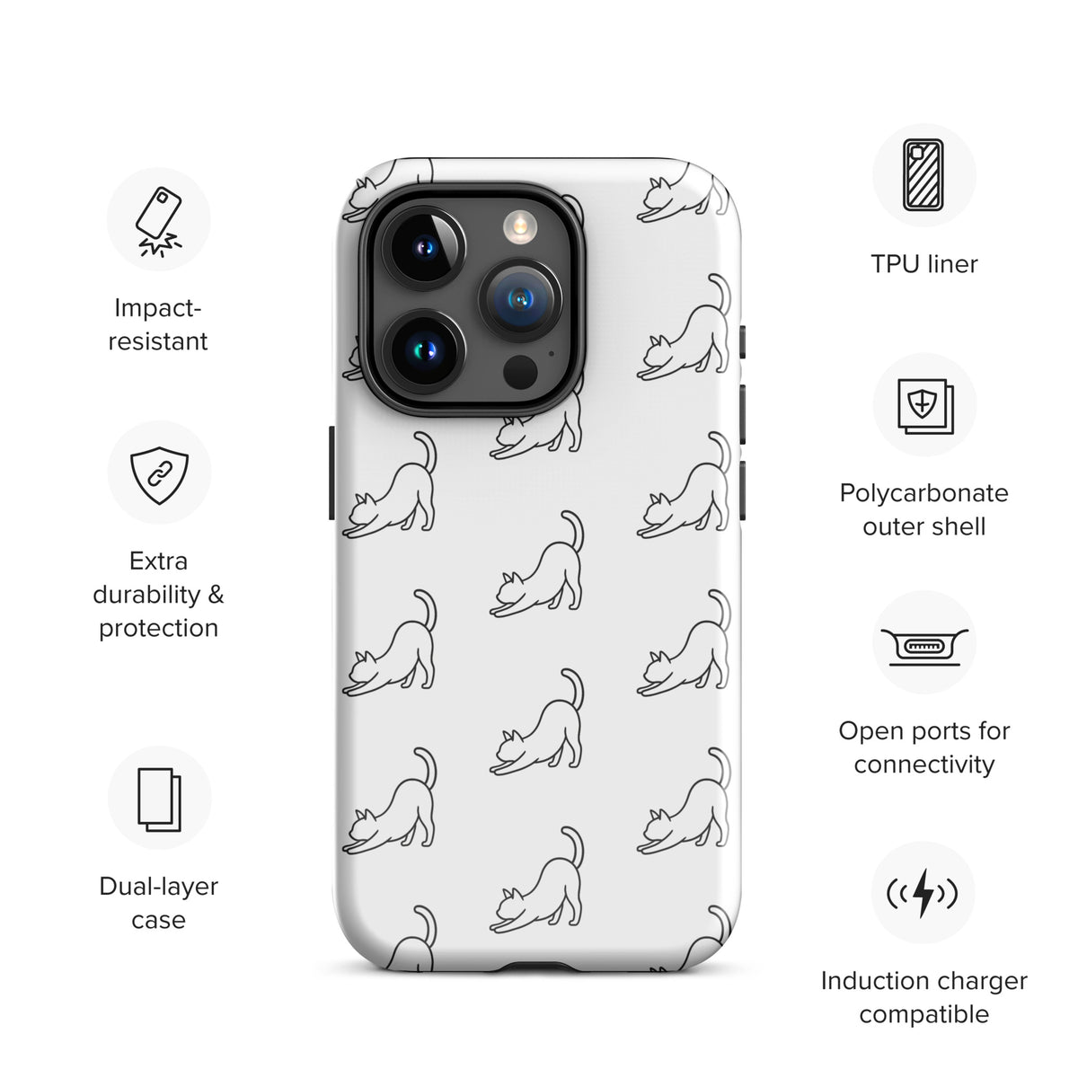 Phone Case for iPhone with minimalist stretching cat pattern in white and black, featuring impact-resistant and polycarbonate protection.