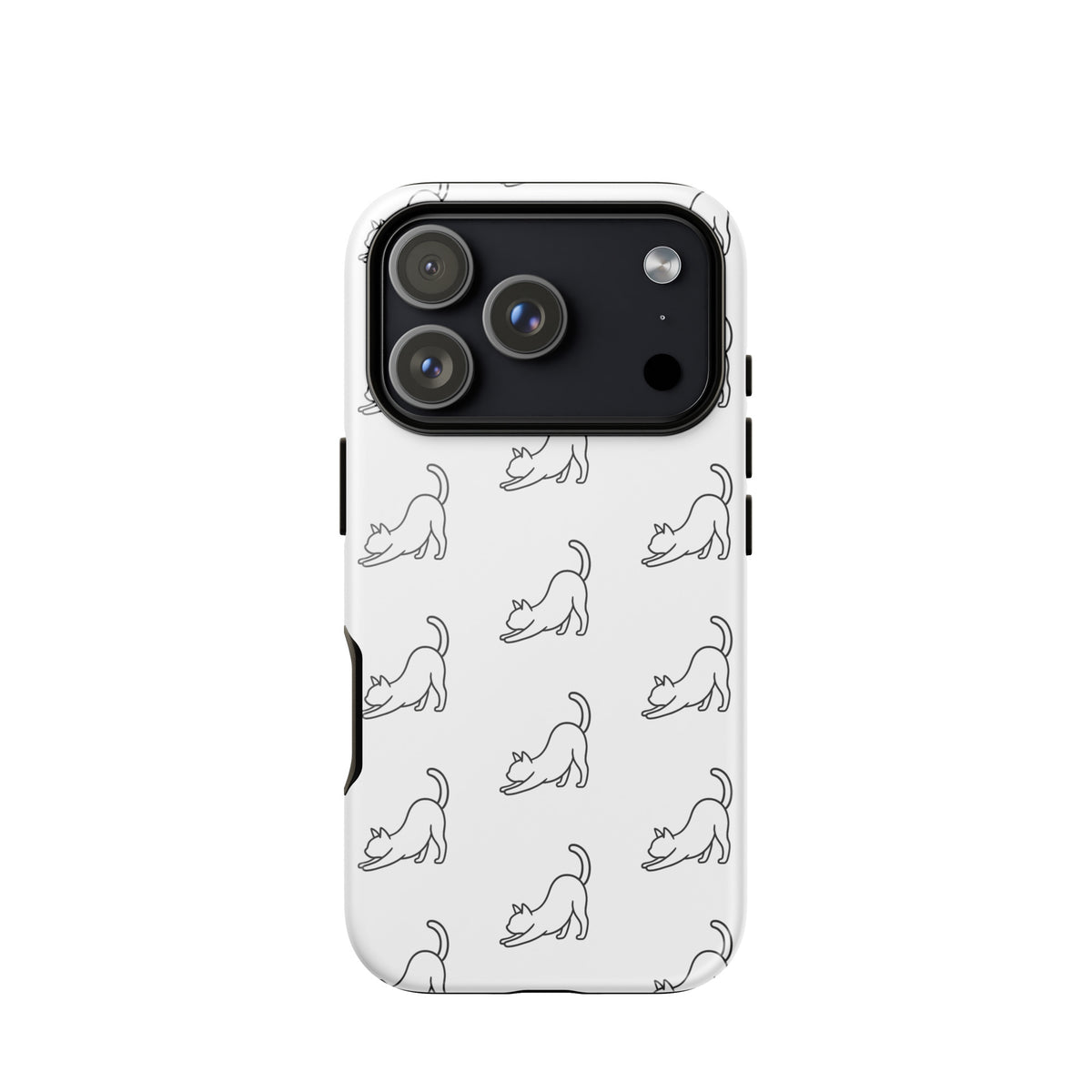 Phone Case for iPhone with minimalist stretching cat pattern on white background, ideal for cat lovers.