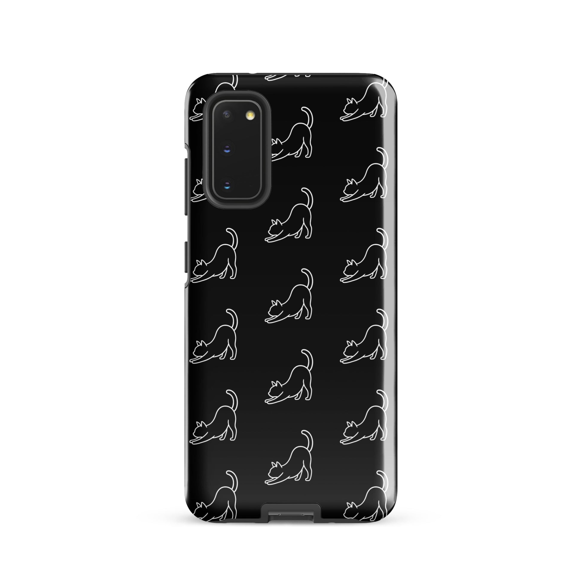 Phone Case with minimalist stretching cat pattern for Samsung Galaxy in black and white, offering stylish protection for cat lovers.