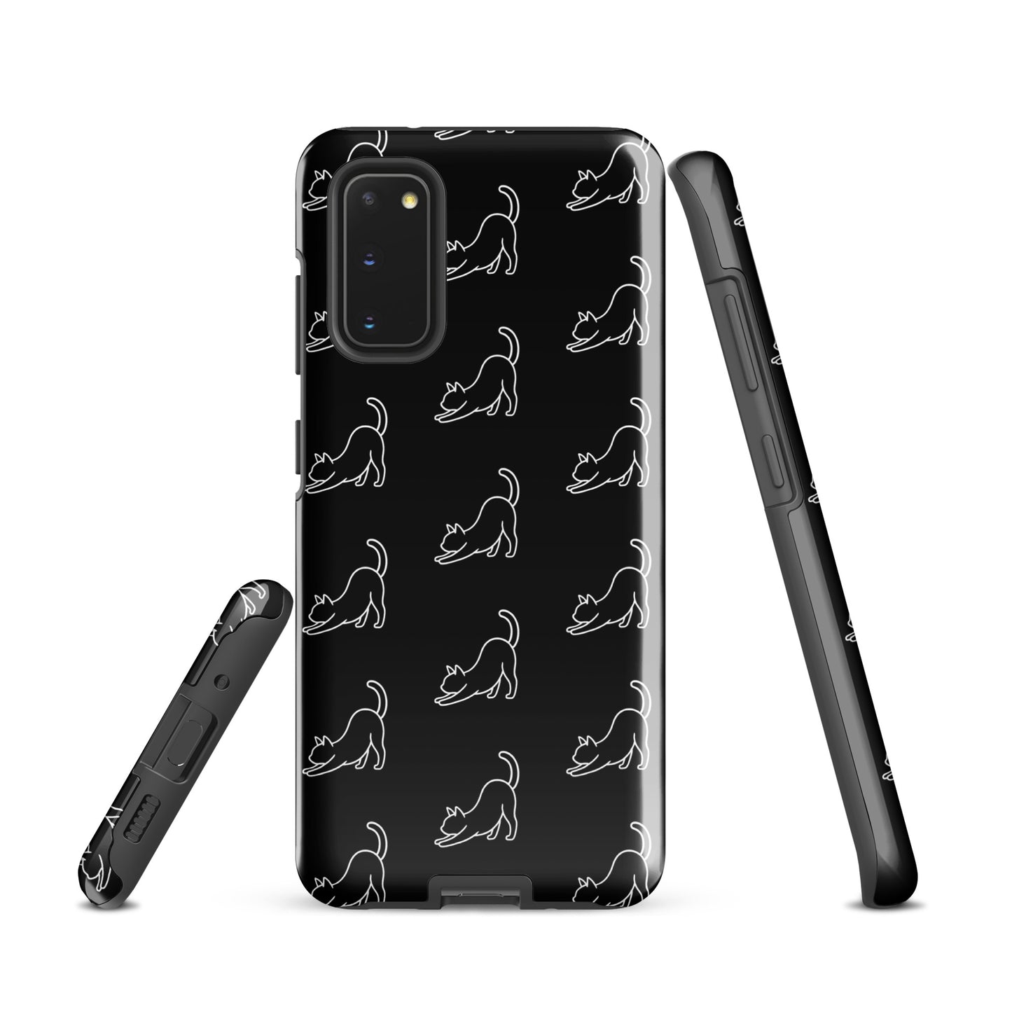 Phone Case for Samsung Galaxy with minimalist stretching cat pattern in black and white, showcasing feline design and device protection.