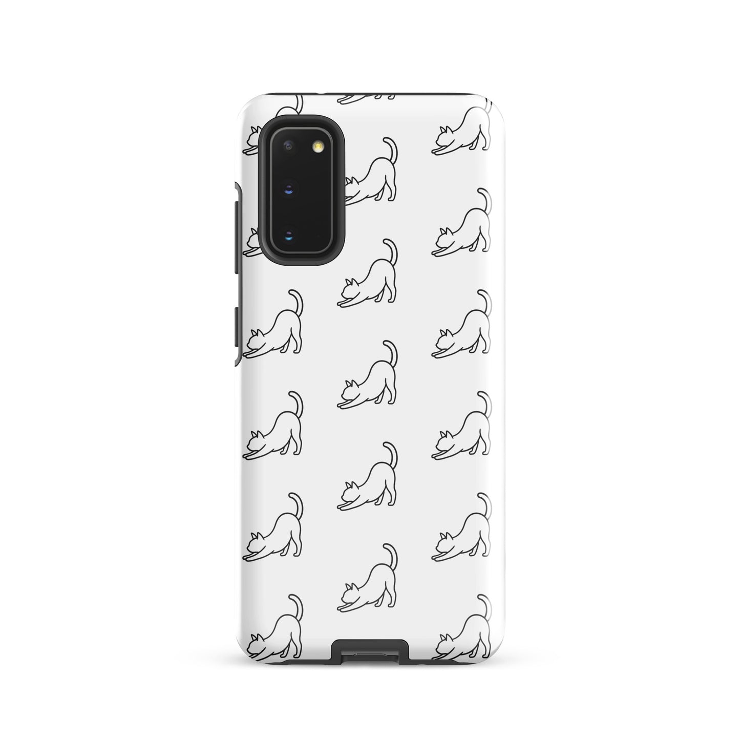 Phone Case for Samsung Galaxy with minimalist stretching cat pattern in white and black, perfect for cat lovers seeking device protection.
