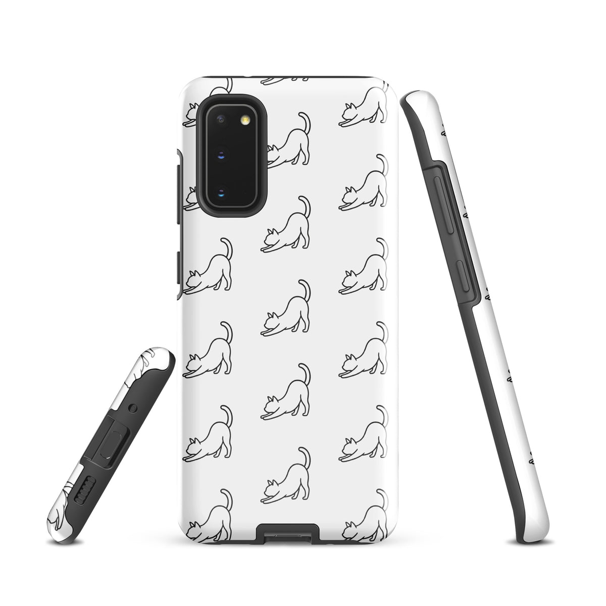 Phone Case for Samsung Galaxy with minimalist stretching cat pattern in black and white, offering style and protection.