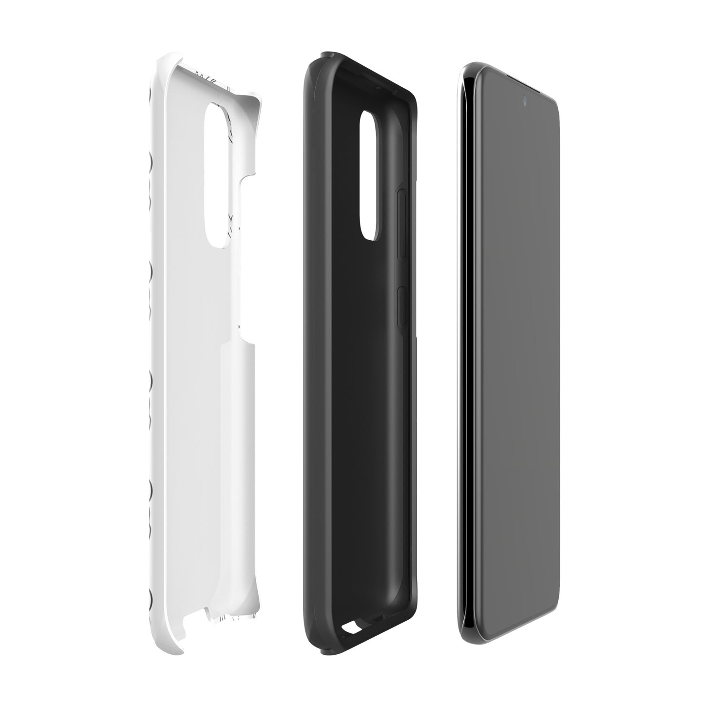 Phone Case for Samsung Galaxy with minimalist stretching cat pattern, white and black case showing front and back views.