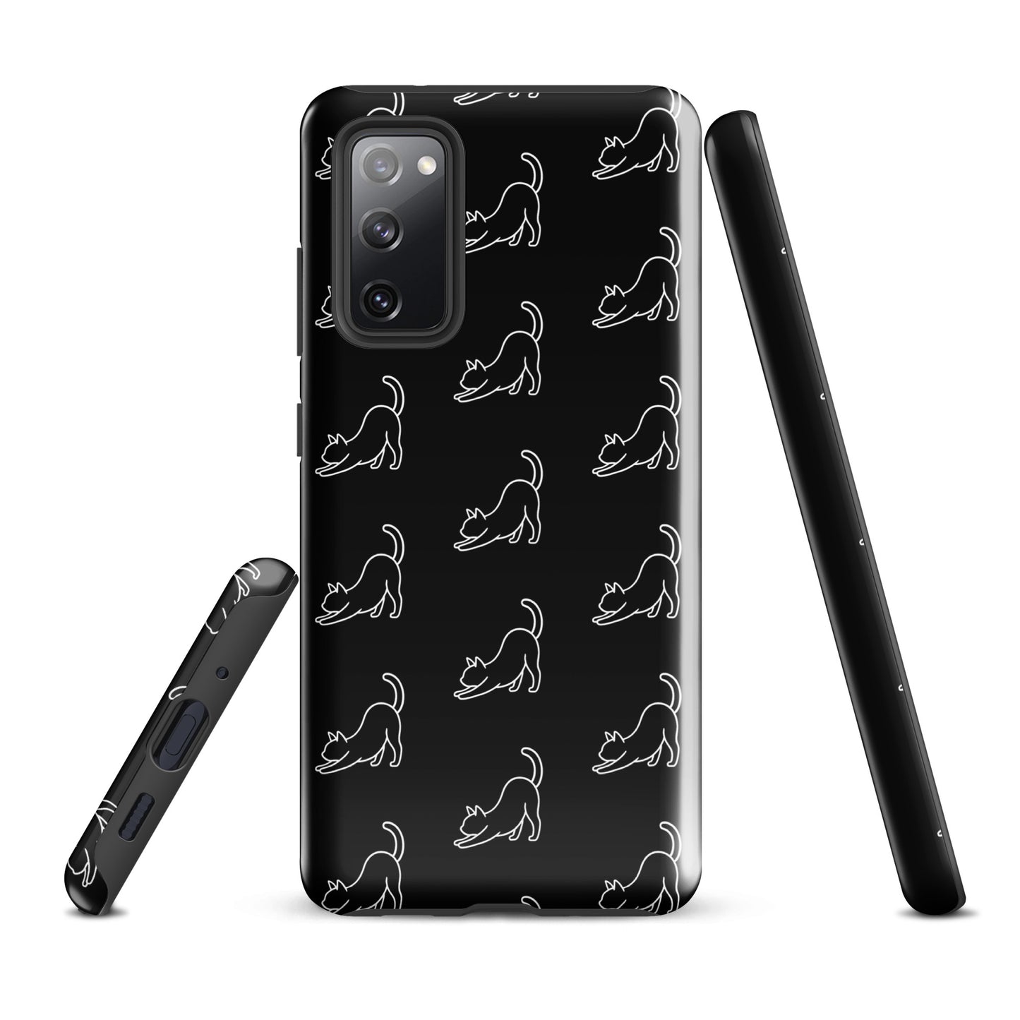 Phone Case for Samsung Galaxy with minimalist stretching cat pattern in black and white, offering stylish protection for your device.