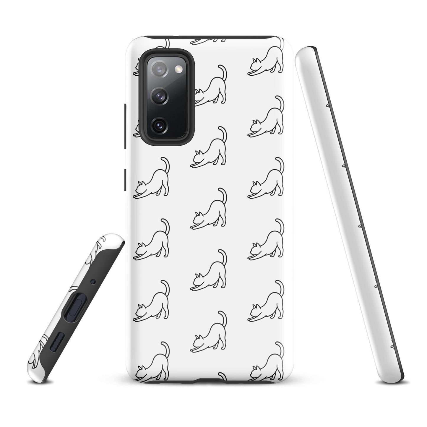 Phone Case for Samsung Galaxy with minimalist stretching cat pattern, white and black design, showcasing protection and style for cat lovers.