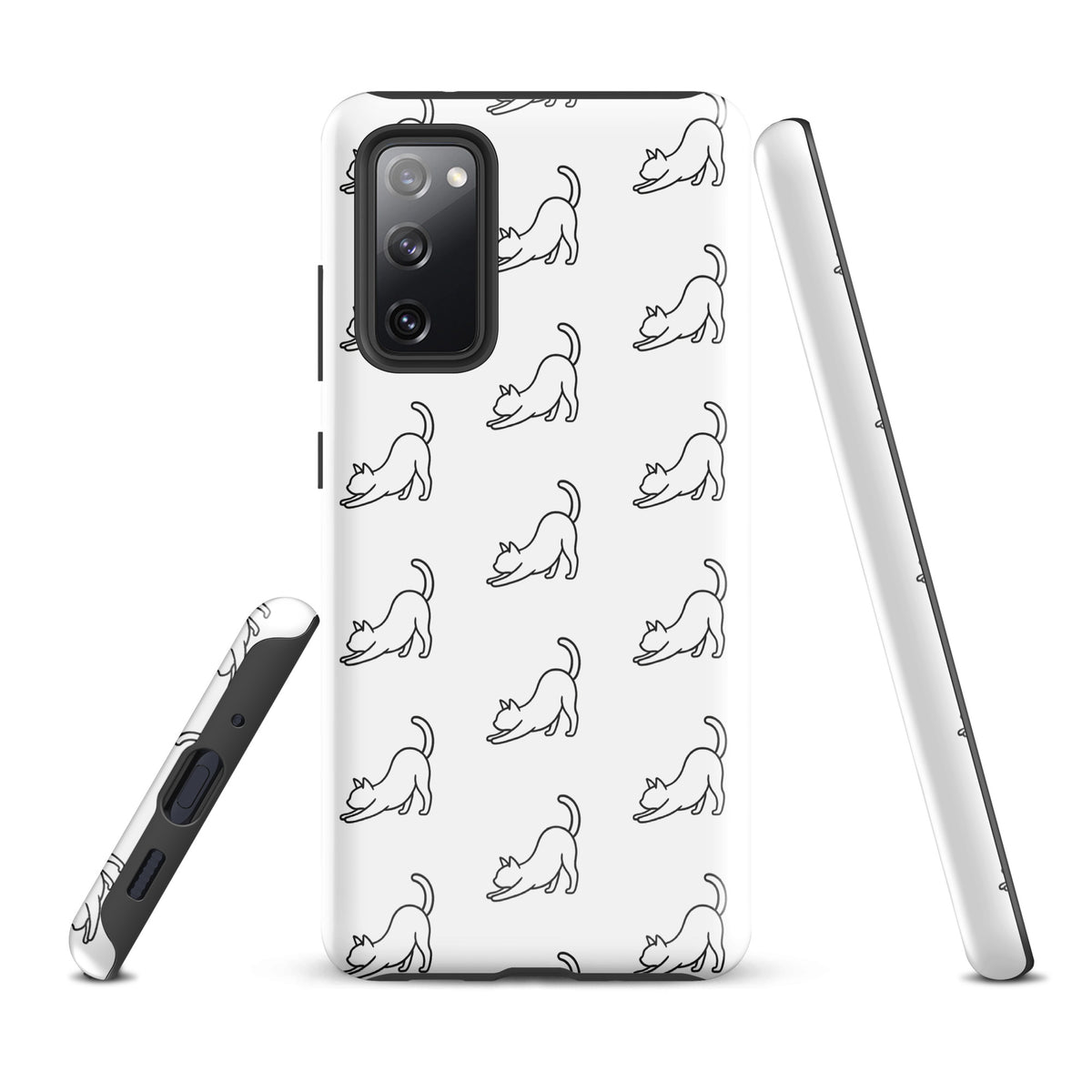 Phone Case for Samsung Galaxy with minimalist stretching cat pattern, white and black design, showcasing protection and style for cat lovers.