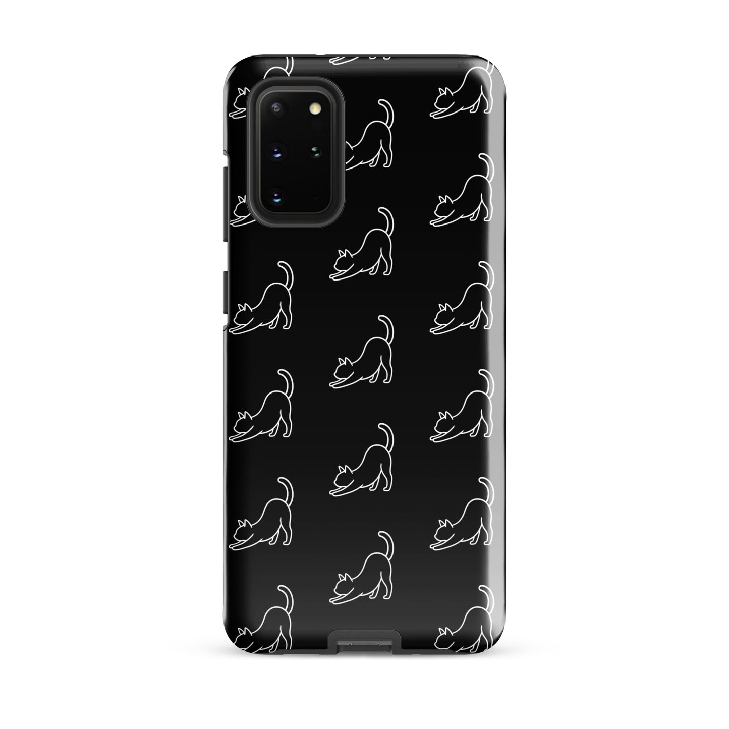 Phone Case for Samsung Galaxy with minimalist stretching cat pattern in black and white, protective and stylish for modern cat lovers.