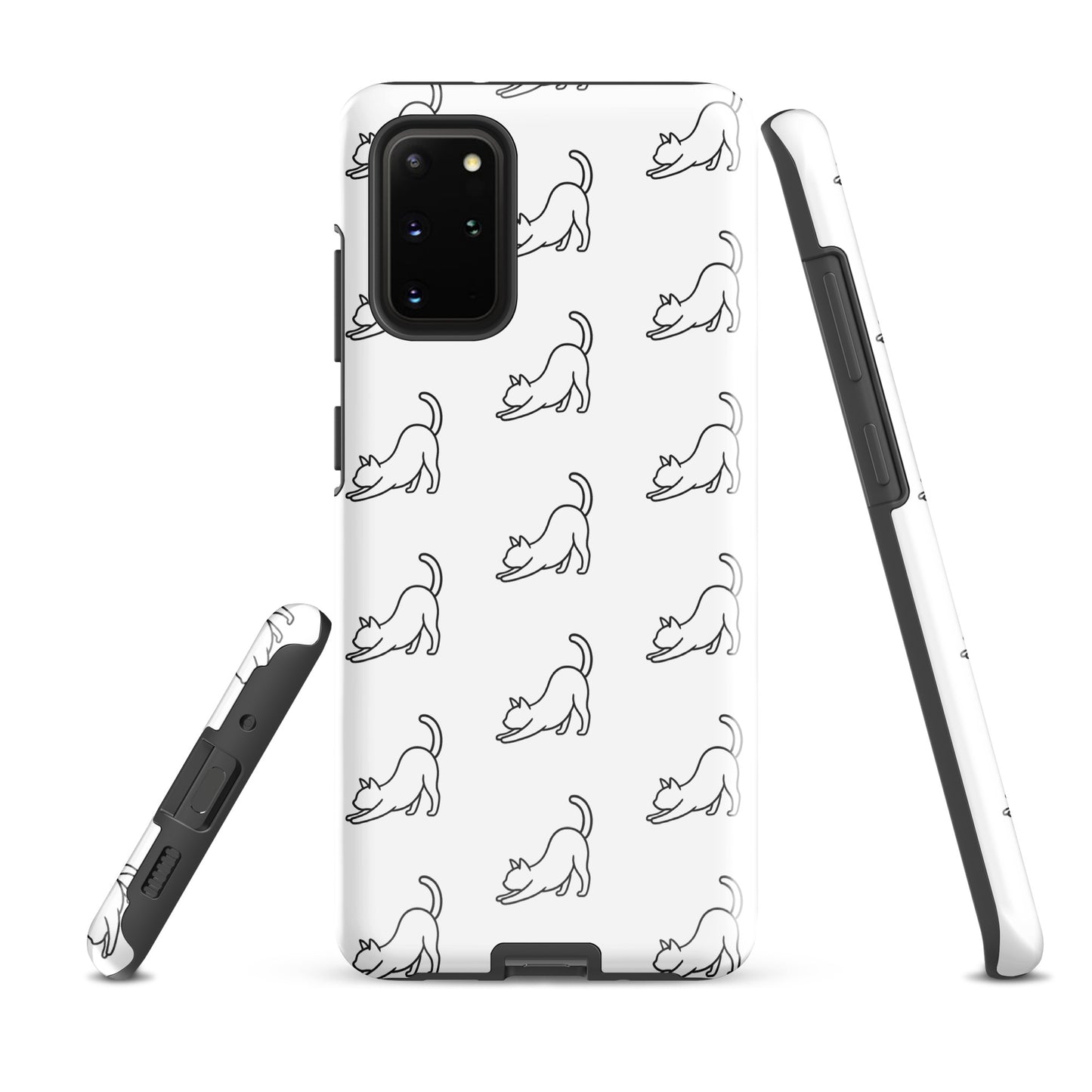 Phone Case for Samsung Galaxy featuring minimalist stretching cat pattern in black on white, offering style and protection.