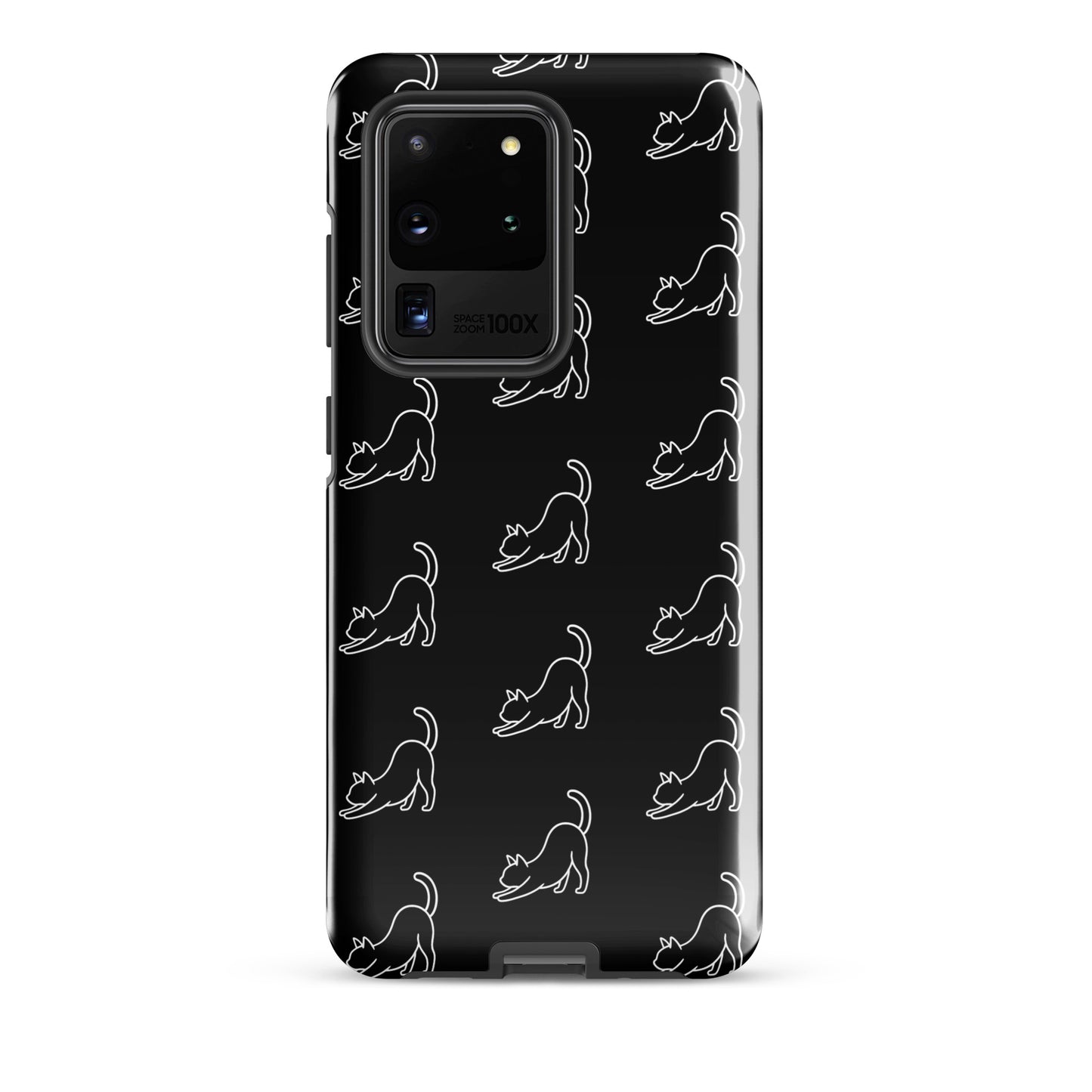 Phone Case for Samsung Galaxy with minimalist stretching cats pattern in black and white, offering style and protection for cat lovers.