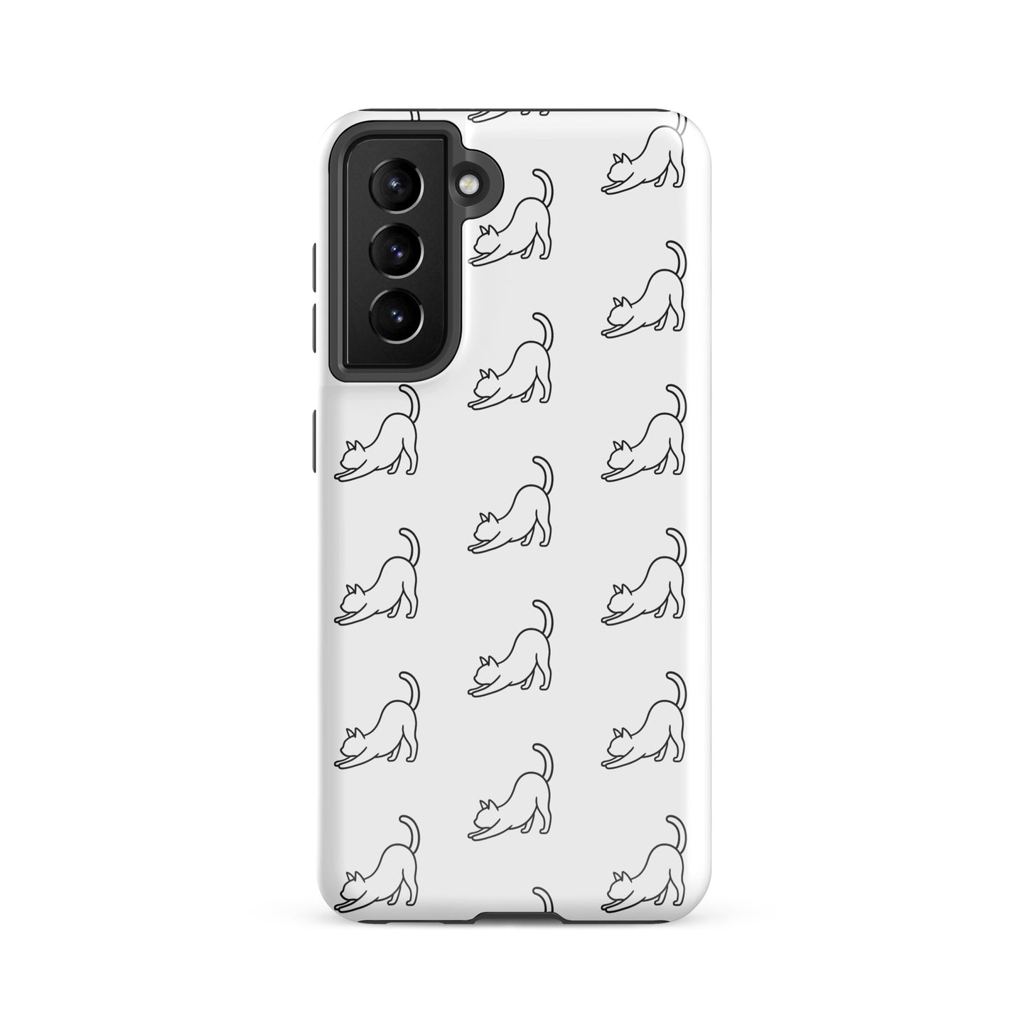 Phone Case for Samsung Galaxy with minimalist stretching cat pattern in black and white, offering stylish protection for cat lovers.