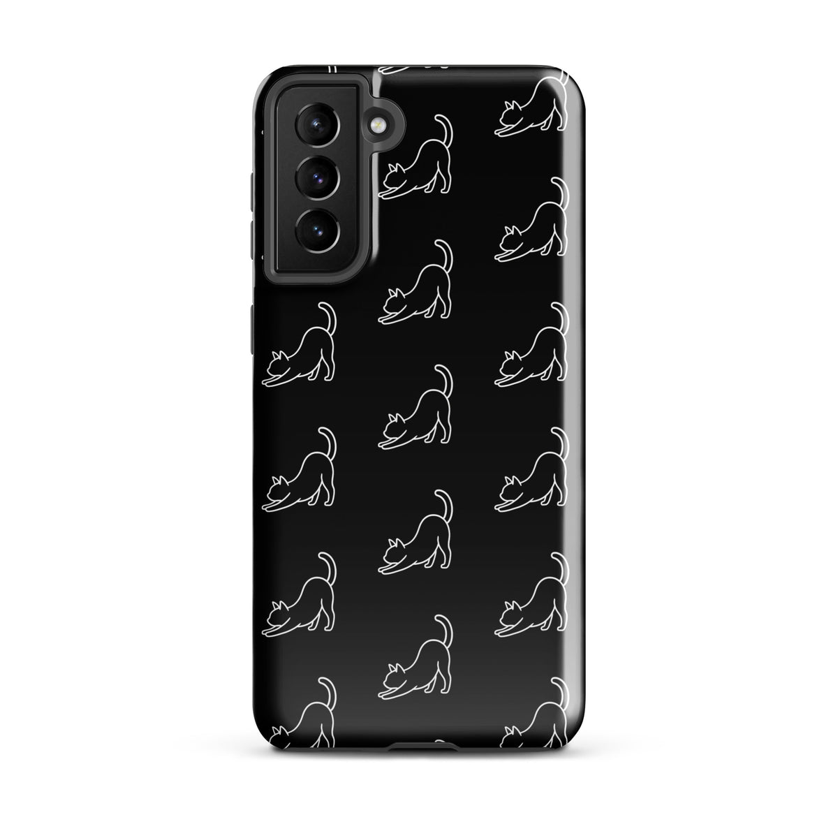 Phone Case for Samsung Galaxy with minimalist stretching cat pattern in black and white, ideal for cat lovers seeking style and protection.