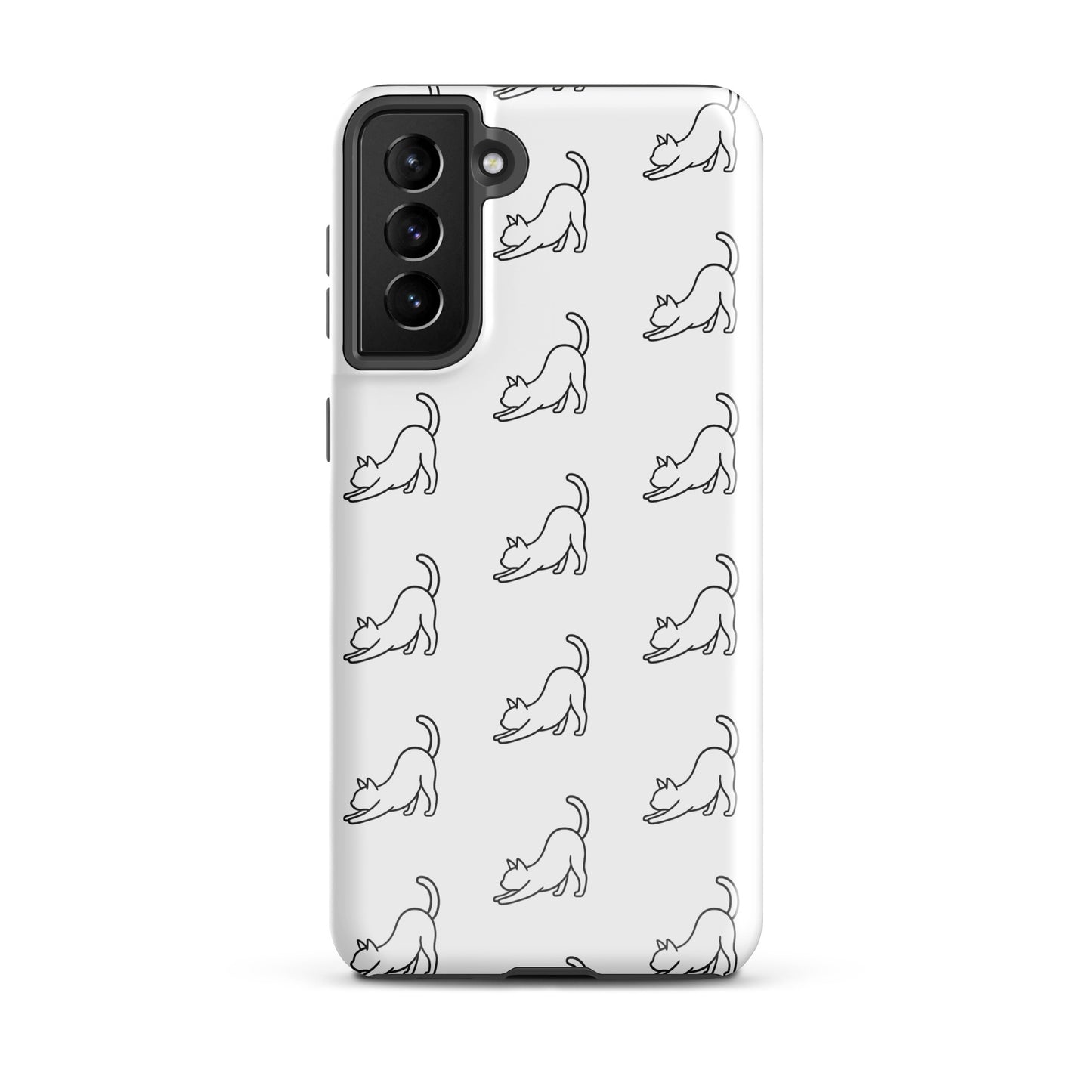 Phone Case for Samsung Galaxy featuring minimalist stretching cat pattern in black and white design for cat lovers.