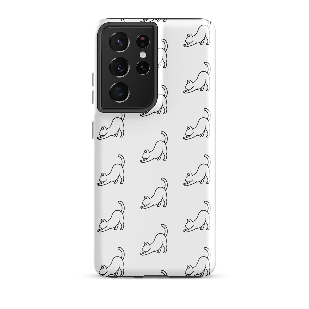 Phone Case for Samsung Galaxy with minimalist stretching cat pattern in black and white, ideal for cat lovers seeking style and protection.
