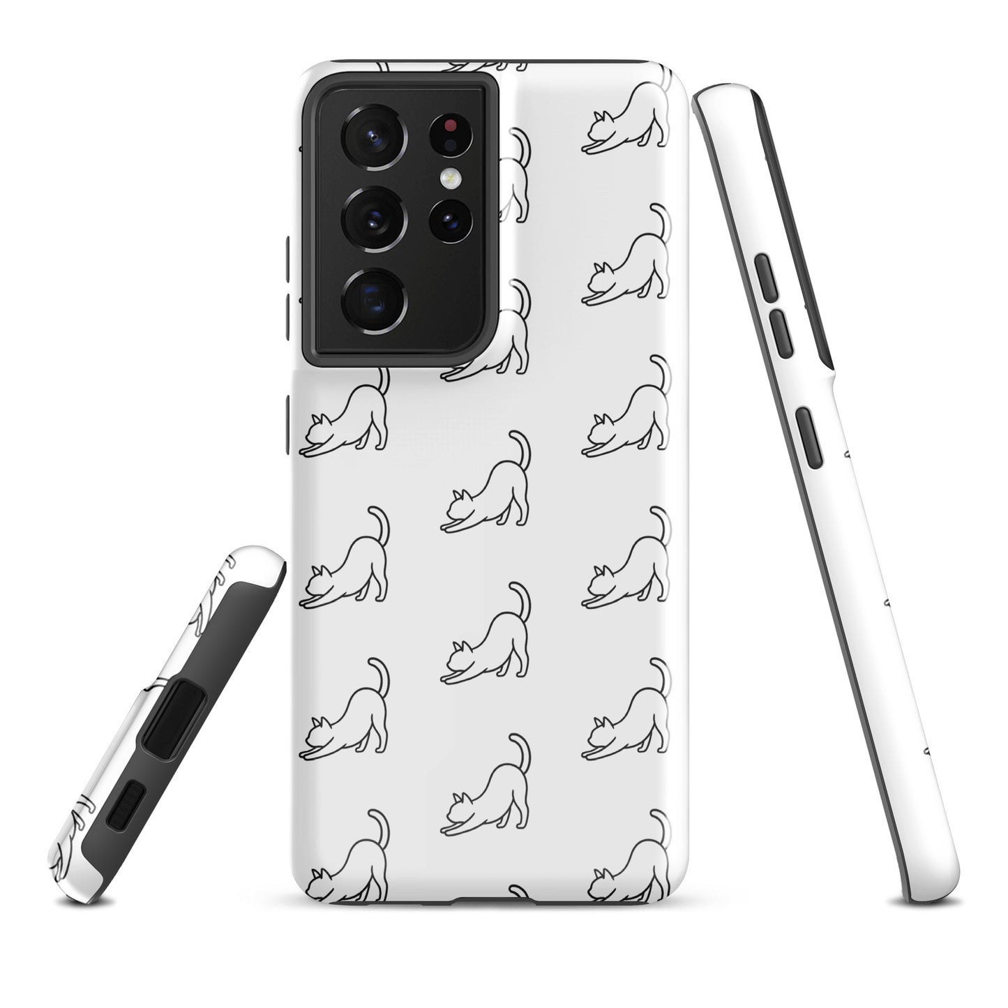 Phone Case for Samsung Galaxy with minimalist stretching cat pattern in white and black, offering stylish protection for cat lovers.