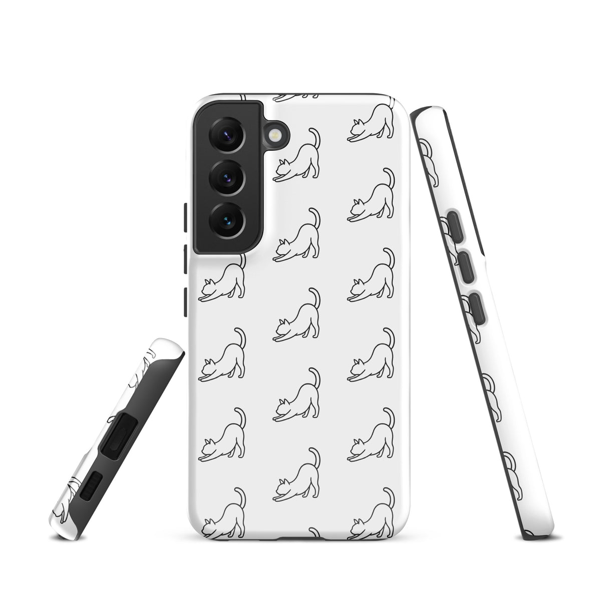 Phone Case for Samsung Galaxy with minimalist stretching cat pattern in white and black, perfect for modern cat lovers.