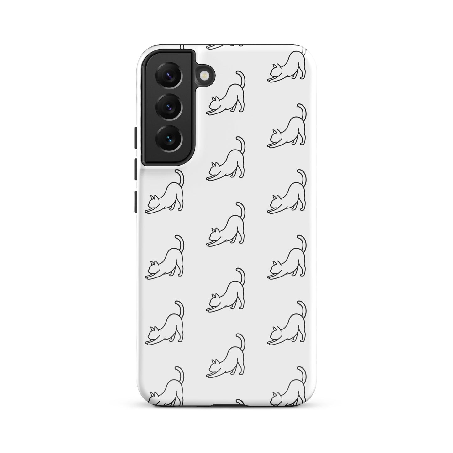 Phone Case for Samsung Galaxy with minimalist stretching cat pattern in white and black, offering stylish protection for cat lovers.