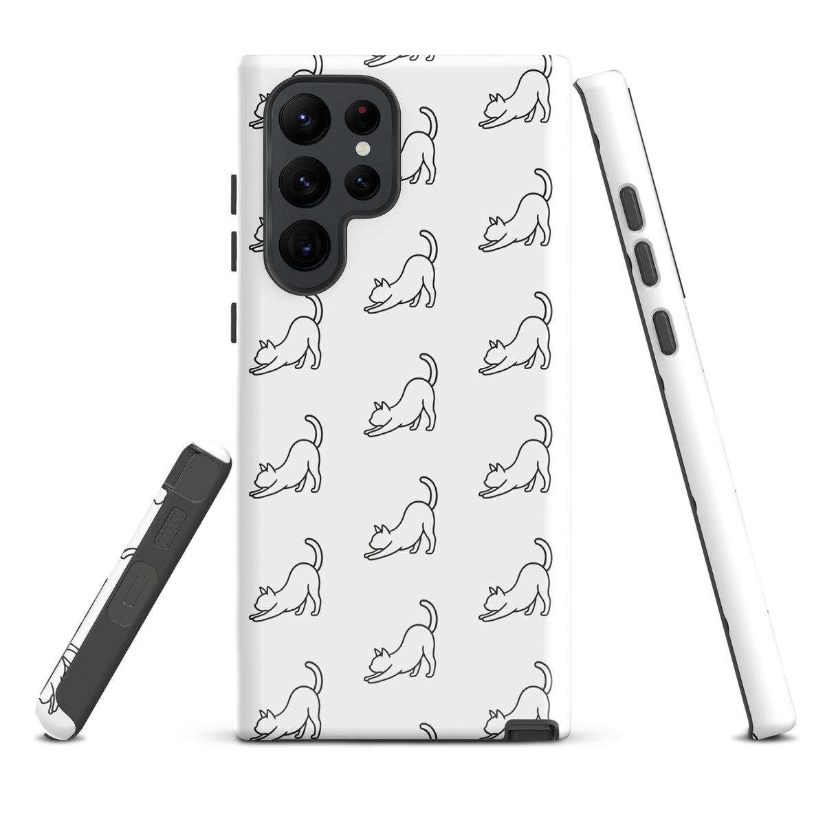 Phone Case for Samsung Galaxy with minimalist stretching cat pattern in white and black, perfect for cat lovers and device protection.