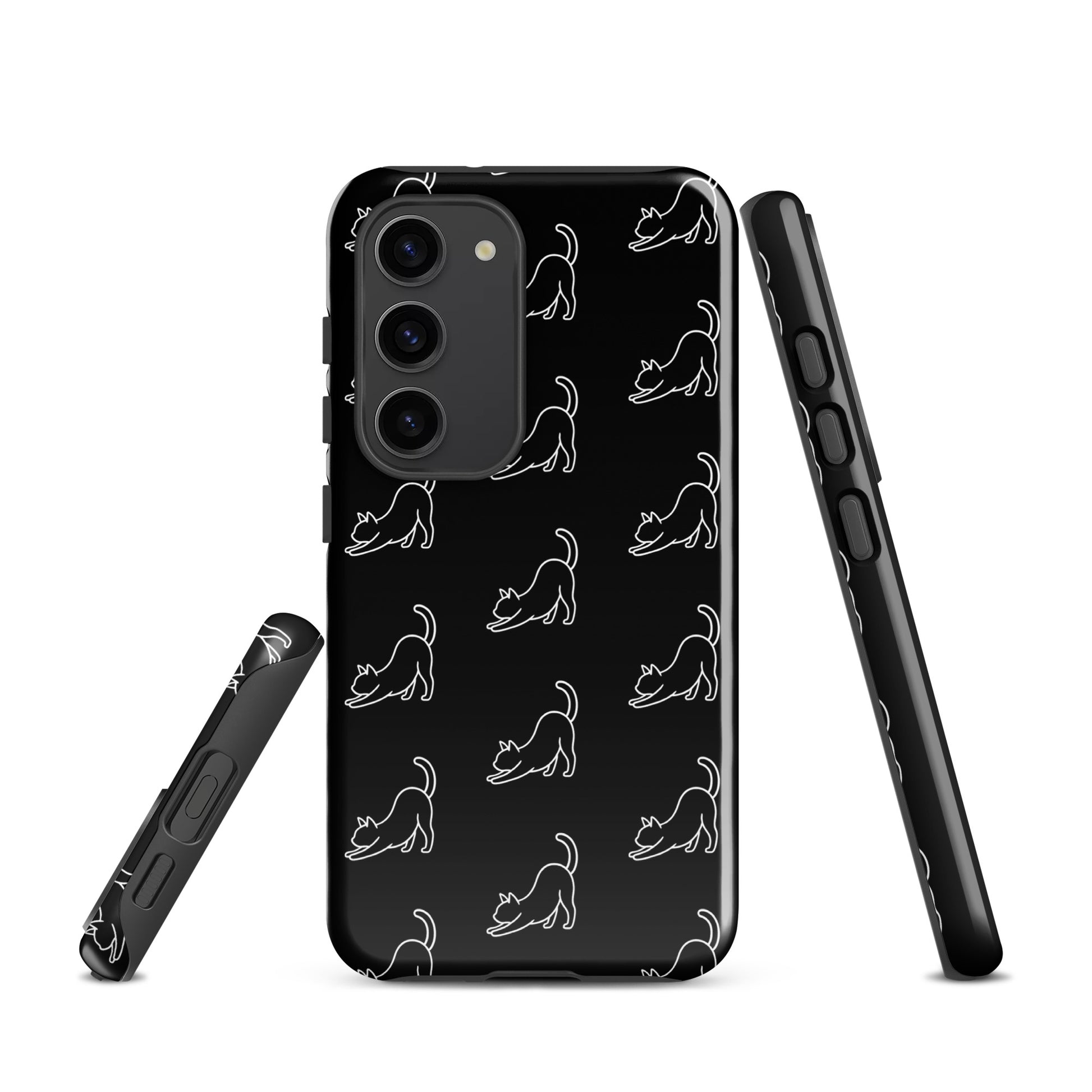 Phone Case for Samsung Galaxy with minimalist stretching cat pattern in black and white, showcasing feline elegance and stylish protection.