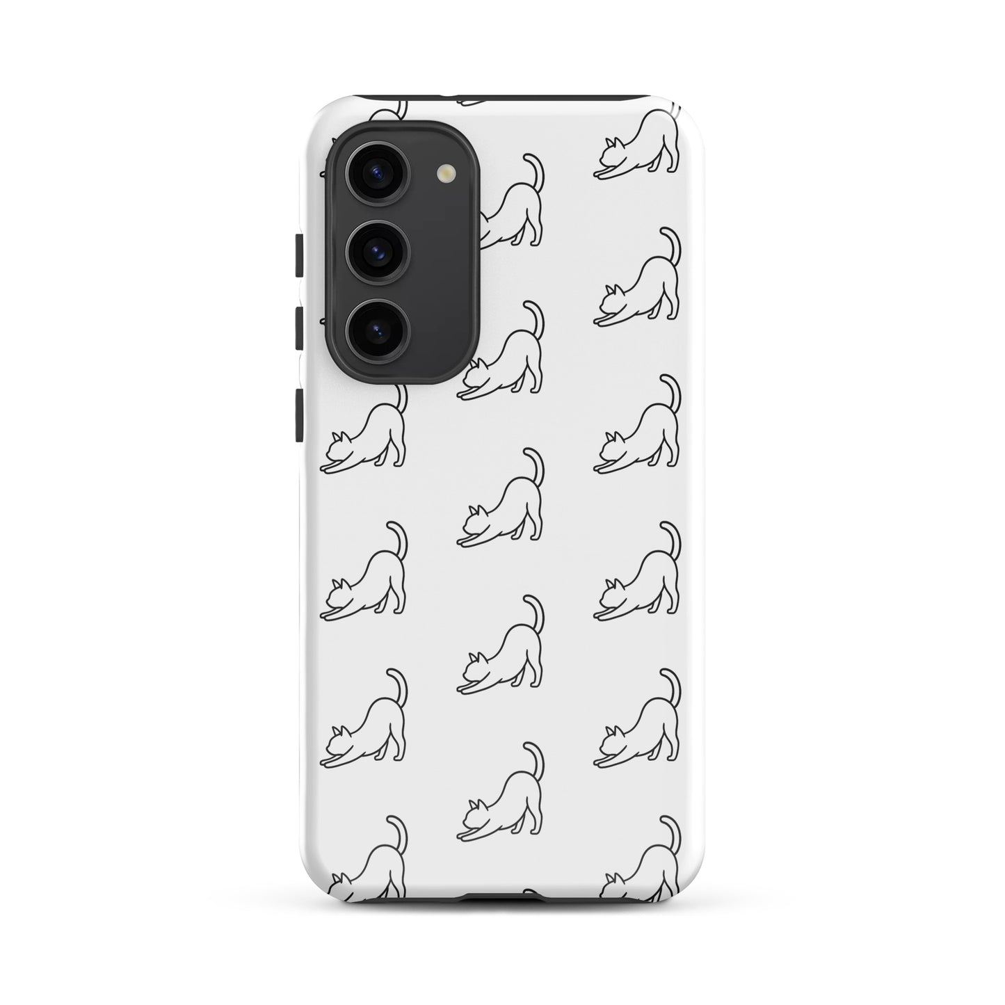 Phone Case for Samsung Galaxy with minimalist stretching cat pattern in white and black, perfect for cat lovers seeking style and protection.