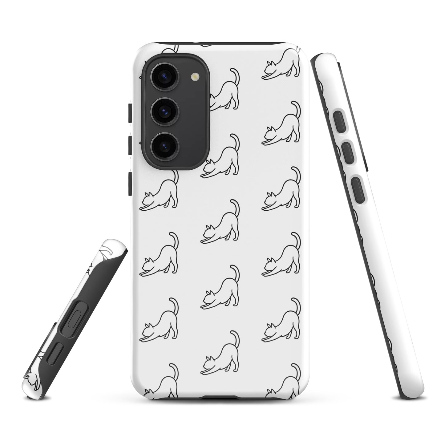 Phone Case for Samsung Galaxy with minimalist stretching cat pattern in white and black, providing stylish protection for cat lovers.