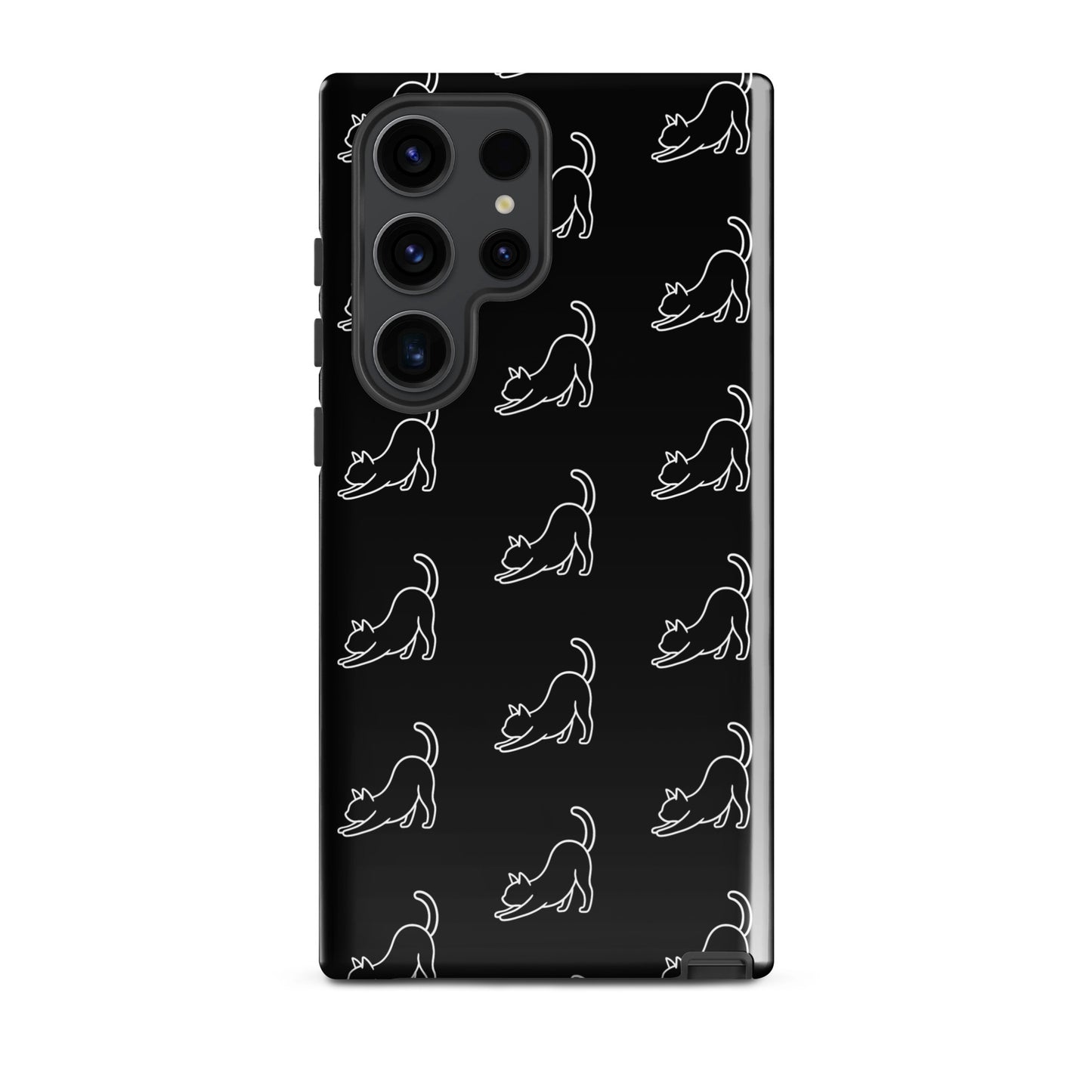 Phone Case for Samsung Galaxy with minimalist stretching cat pattern in black and white, perfect for cat lovers seeking style and protection.