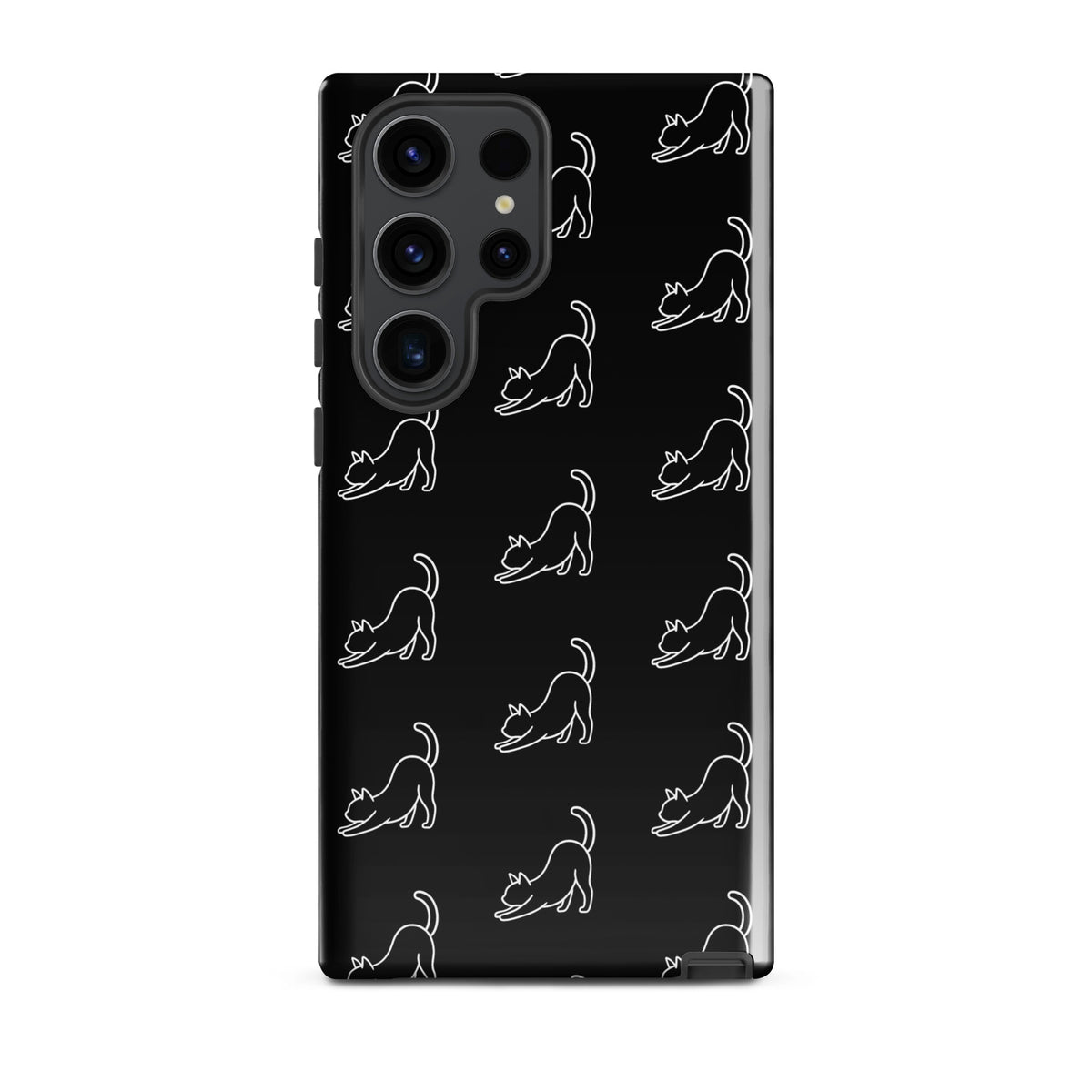 Phone Case for Samsung Galaxy with minimalist stretching cat pattern in black and white, perfect for cat lovers seeking style and protection.