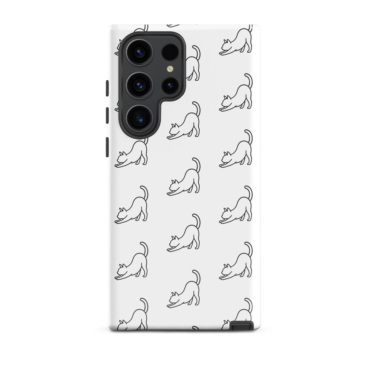 Phone Case for Samsung Galaxy with minimalist stretching cat pattern in white and black.