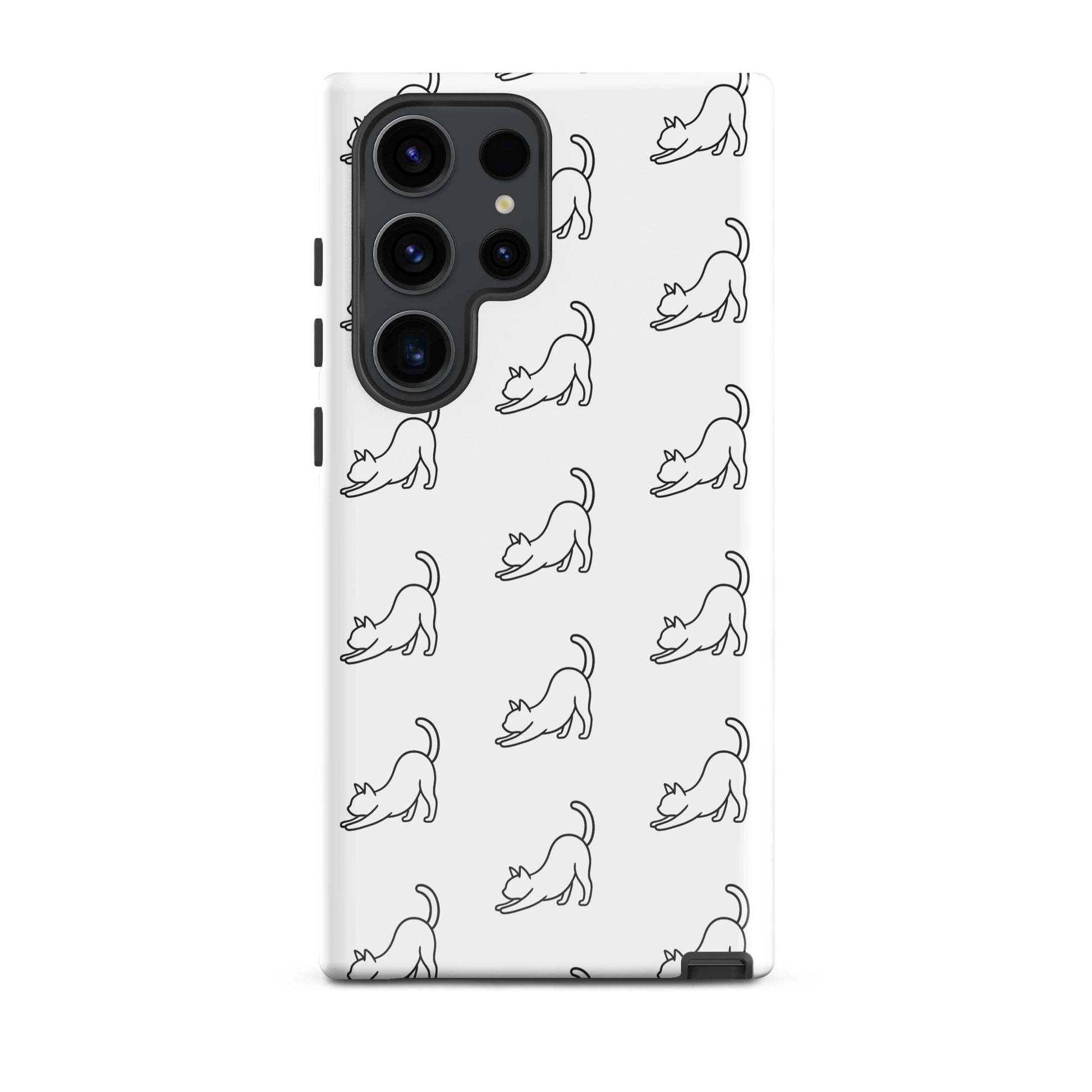 Phone Case for Samsung Galaxy with minimalist stretching cat pattern in white and black.