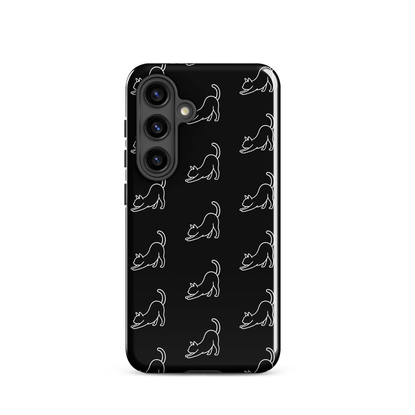 Phone Case for Samsung Galaxy with minimalist stretching cat pattern in black and white. Perfect for cat lovers seeking stylish protection.